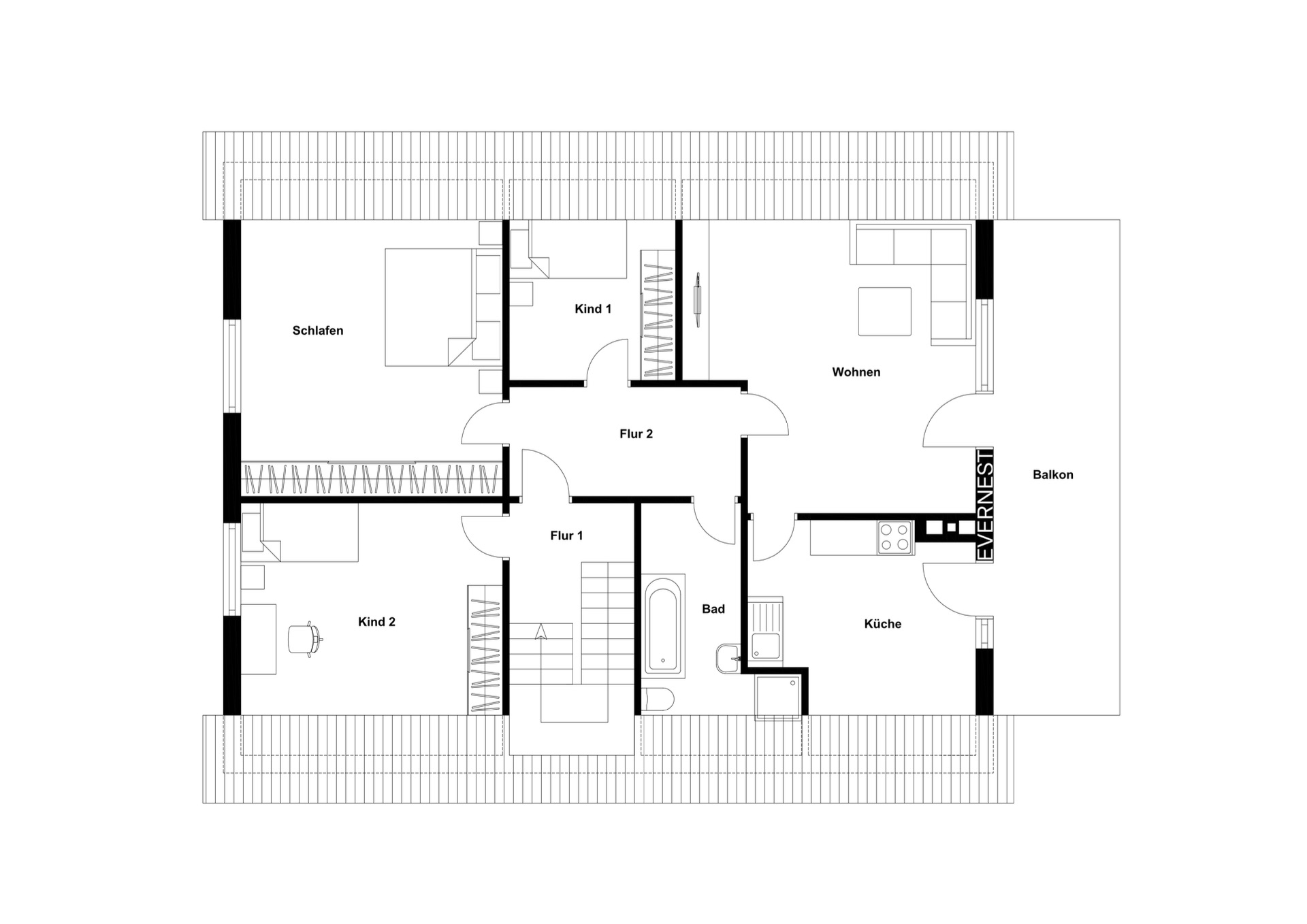 Grundriss einer Wohnung mit Schlafzimmer, zwei Kinderzimmern, Bad, Küche, Wohnzimmer und Balkon.