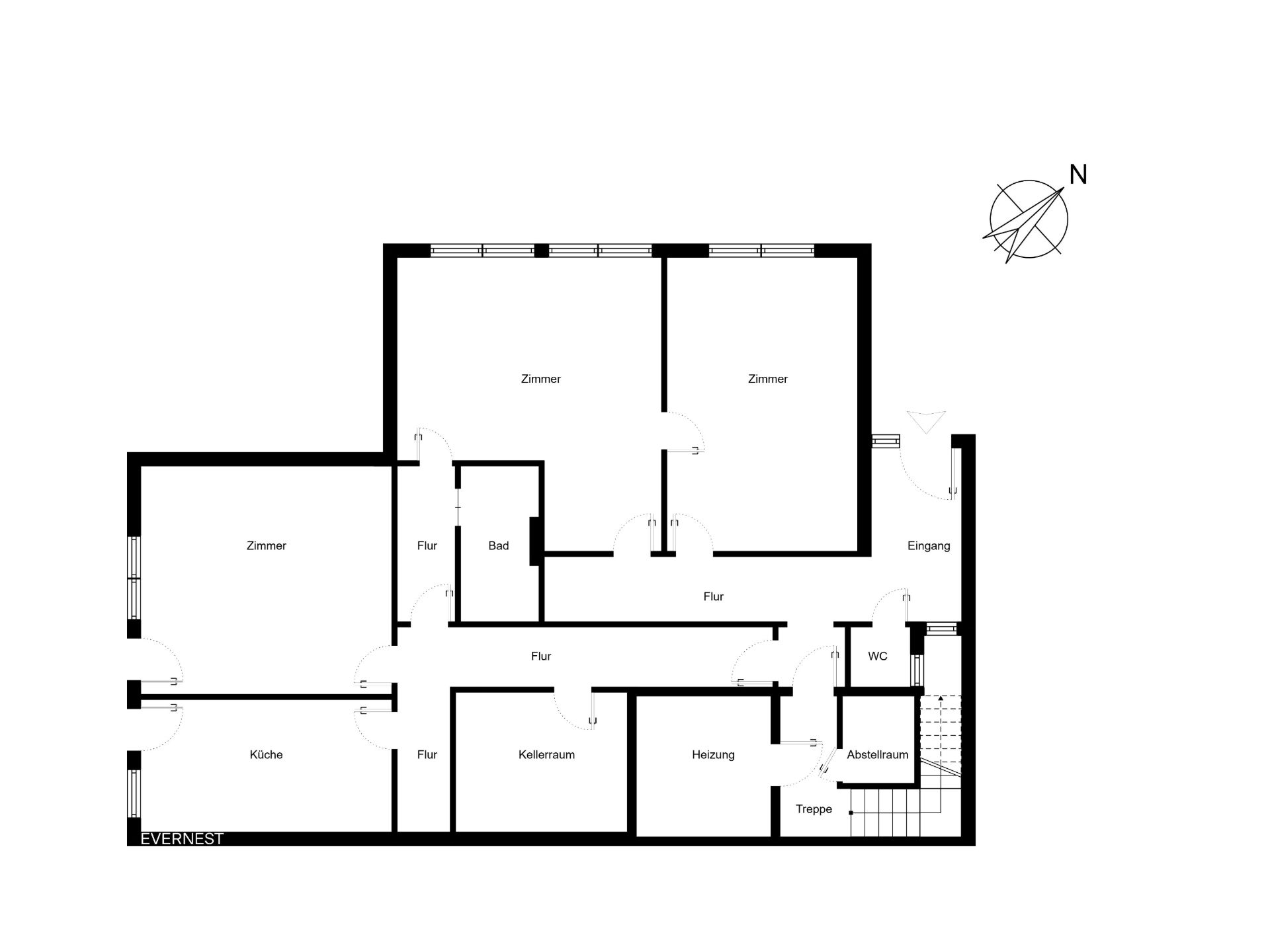 Grundriss einer Wohnung mit drei Zimmern, Küche, Bad, Abstellraum und Treppe.
