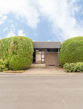 Eingang eines Hauses mit großen, rund geschnittenen Büschen und Ziegelwand, davor Gehweg.