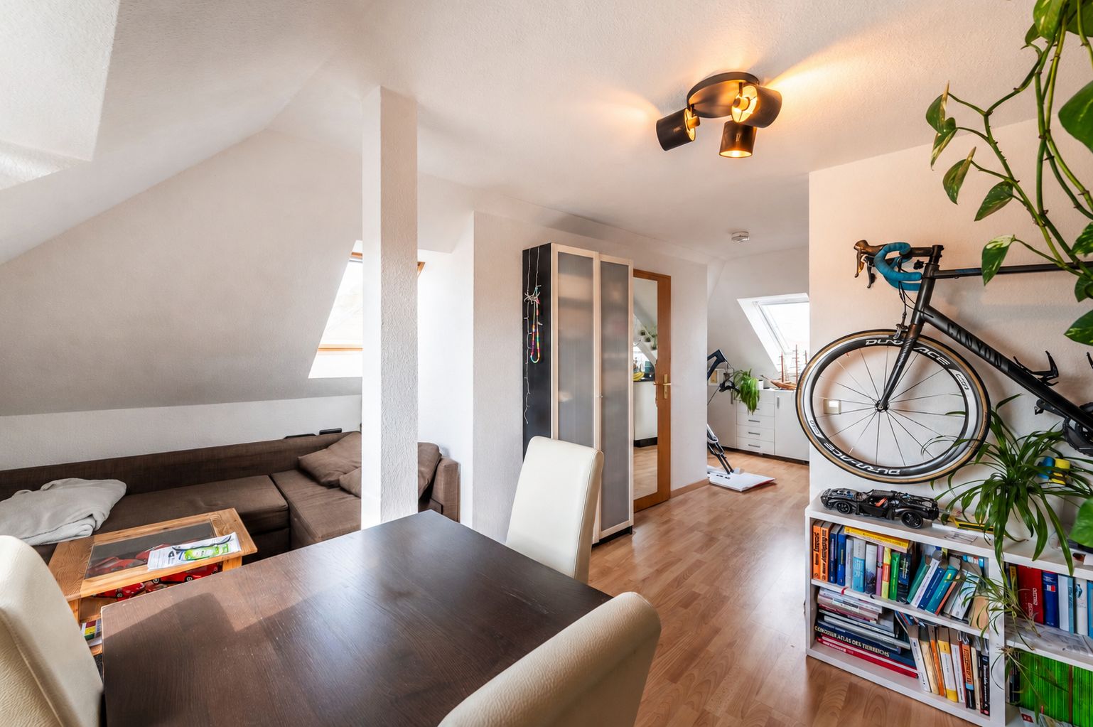 Helles Wohnzimmer mit Esstisch, Sofa, Regal, an der Wand montiertem Fahrrad und Pflanze.