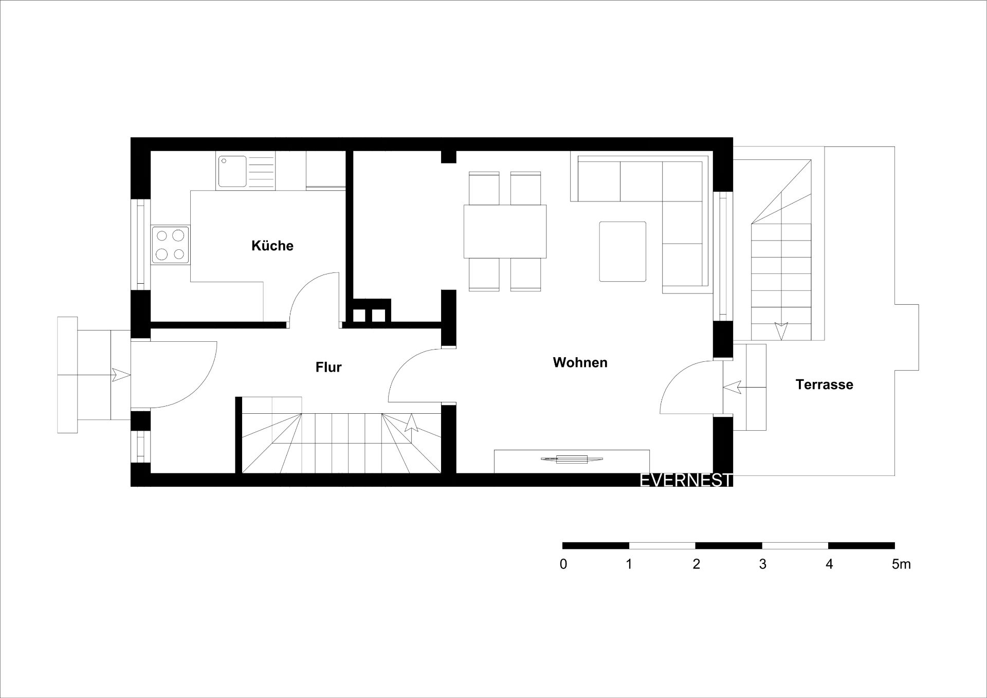Grundriss mit Küche, Flur, Wohnzimmer und Terrasse eines Wohnhauses.