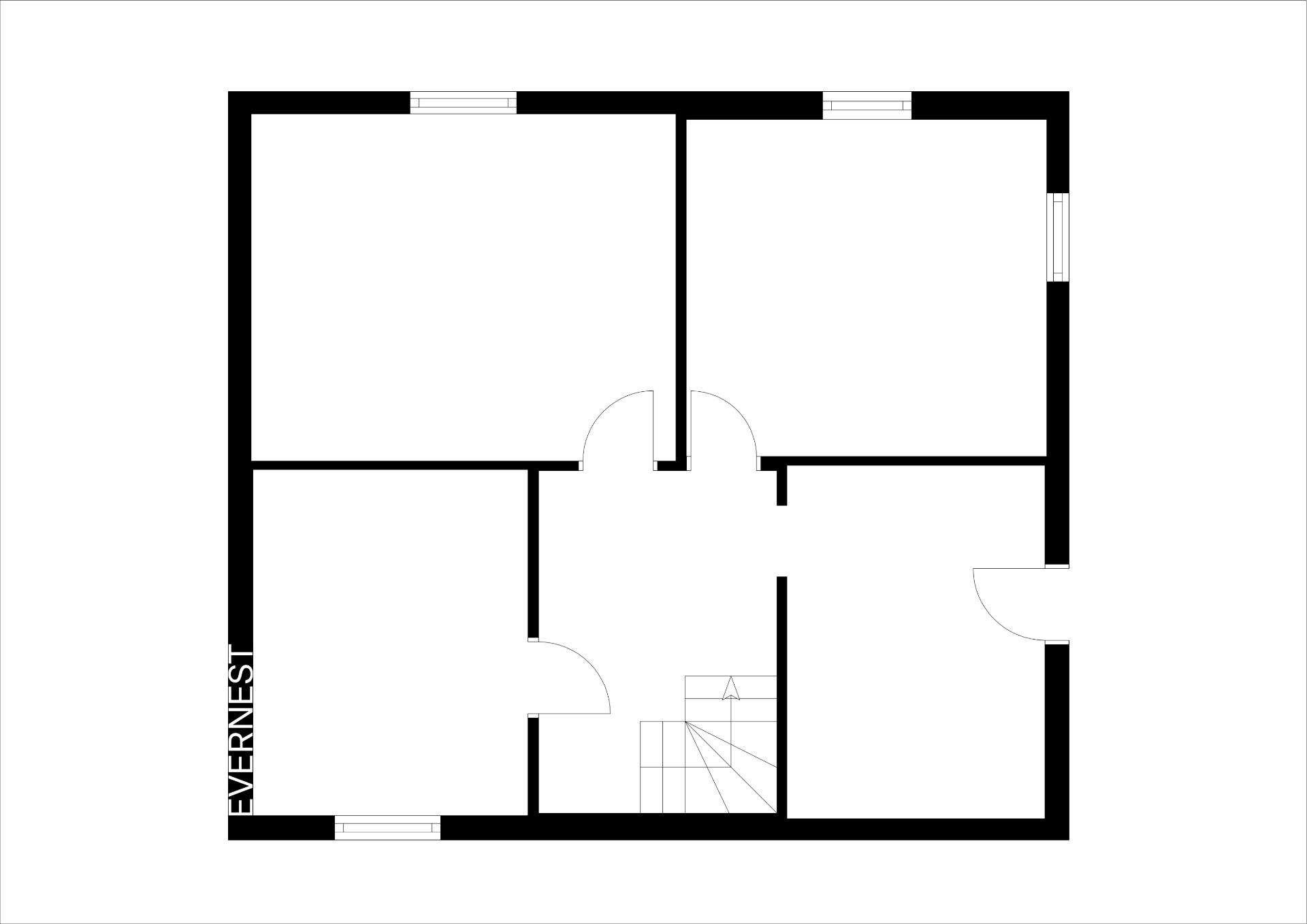 Grundriss mit fünf Räumen, Flur in der Mitte und Treppe unten rechts.