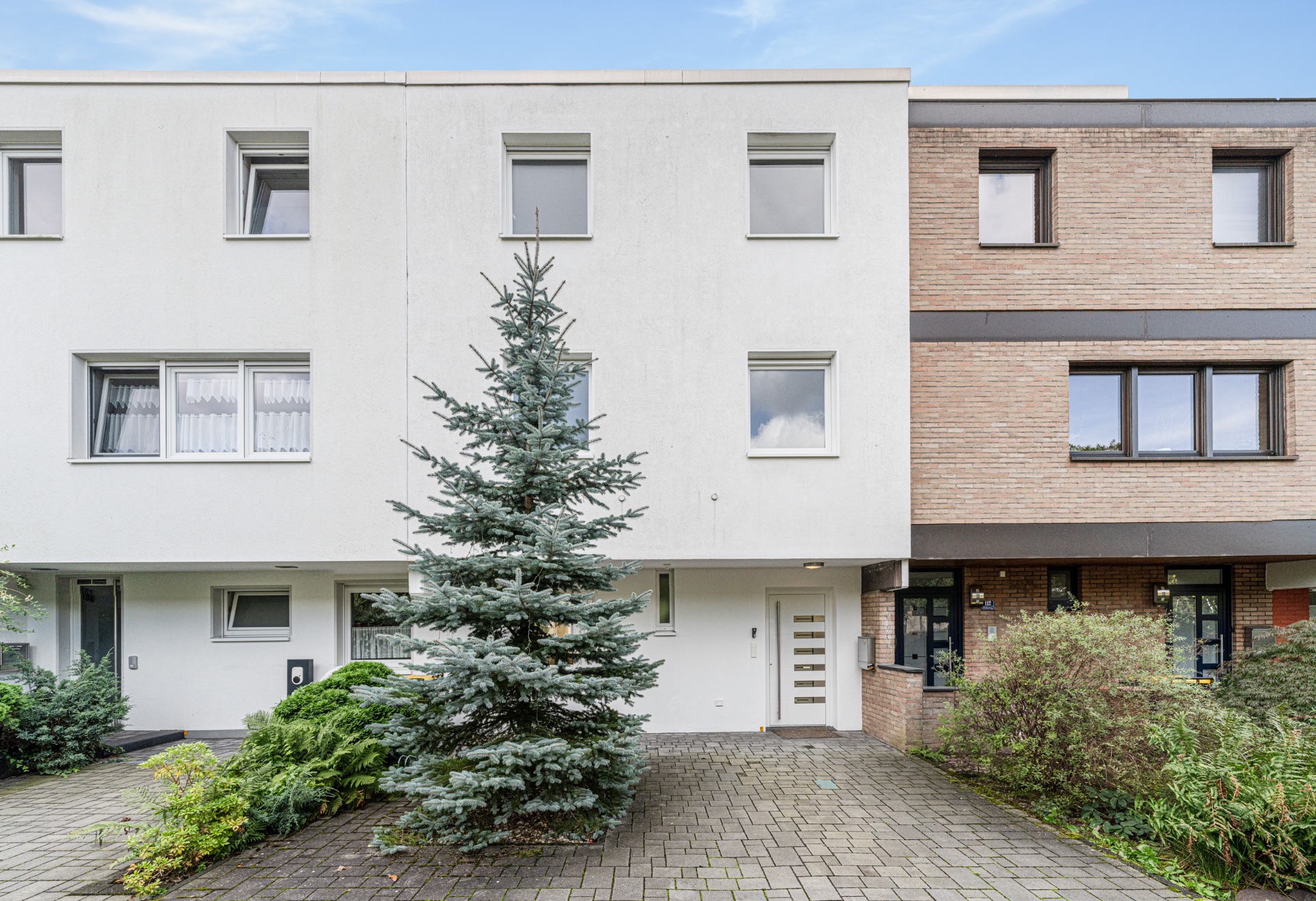 Moderne Hausfassade mit weißer Wand, mehreren Fenstern und Tannenbaum vor dem Eingang.