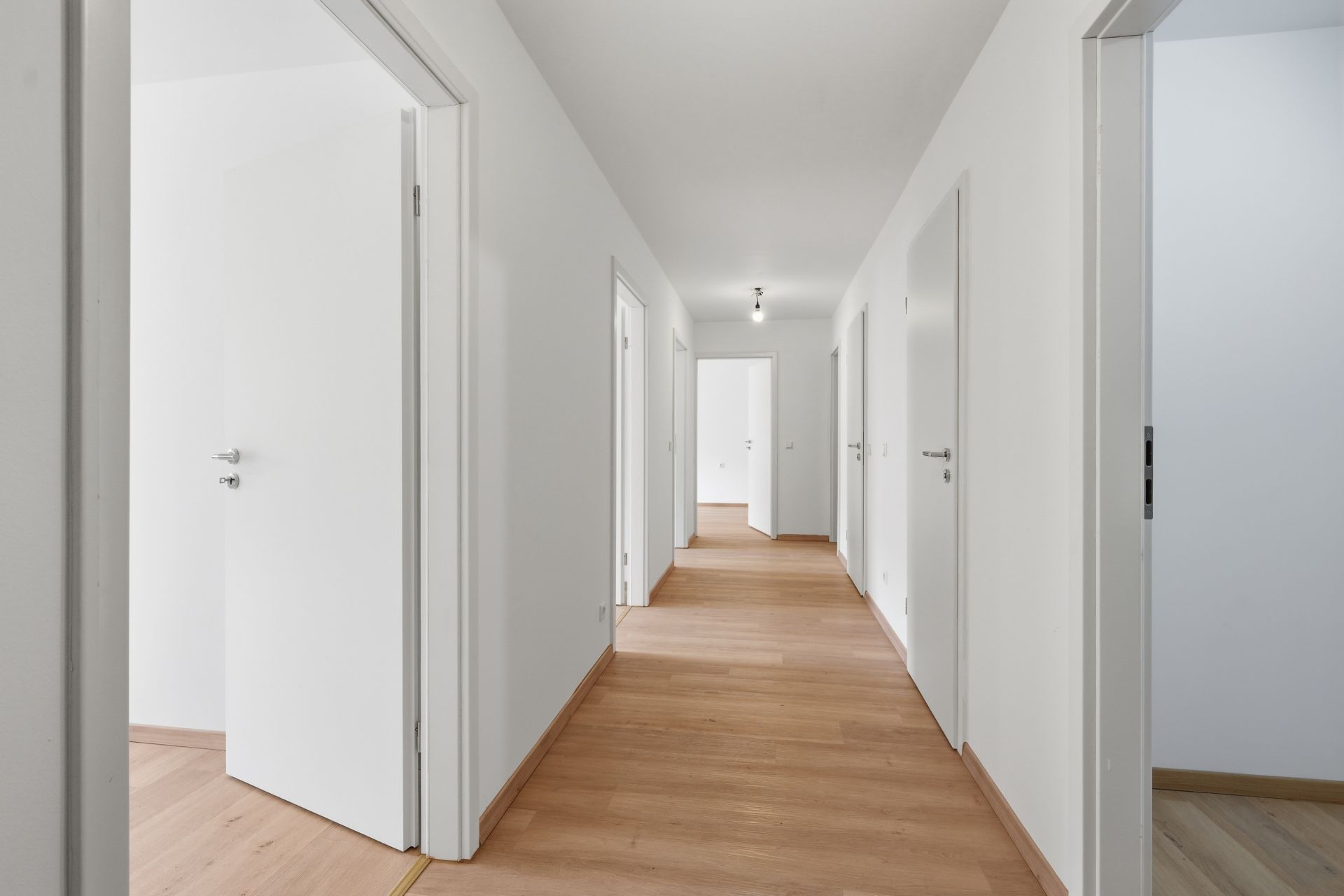 Heller Flur mit Holzboden und mehreren weißen Türen in einer Wohnung.