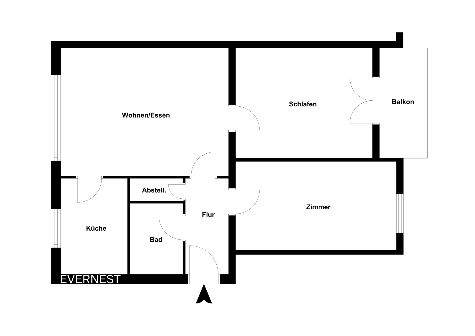 Grundriss mit Wohnzimmer, Schlafzimmer, Zimmer, Küche, Bad, Abstellraum, Flur und Balkon.