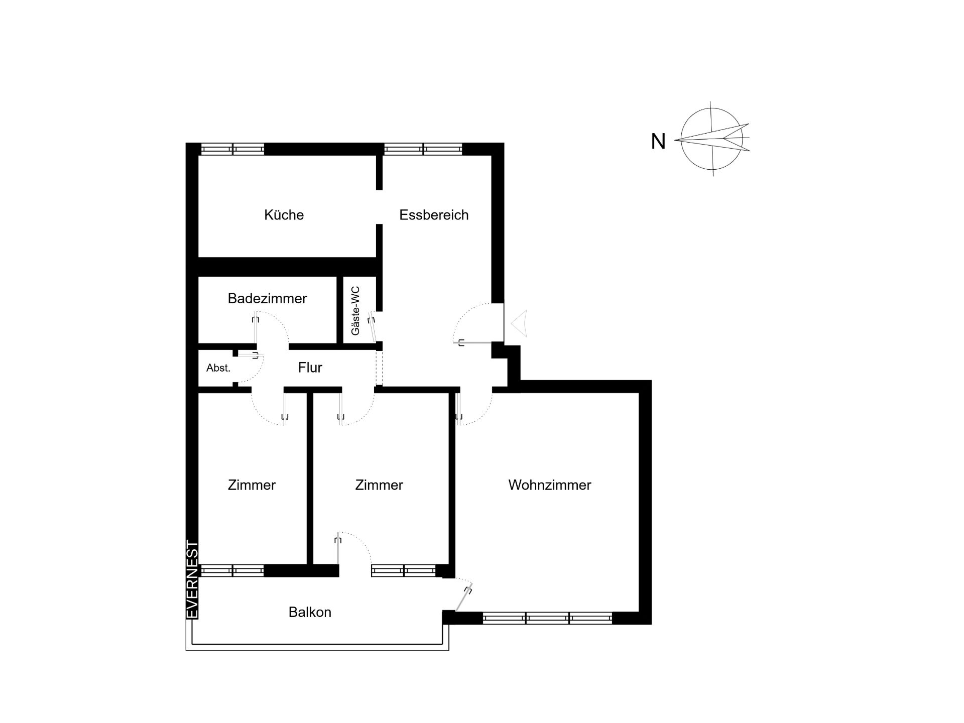 Grundriss einer Wohnung mit Wohnzimmer, Küche, Bad, zwei Zimmern, Flur, Essbereich und Balkon.