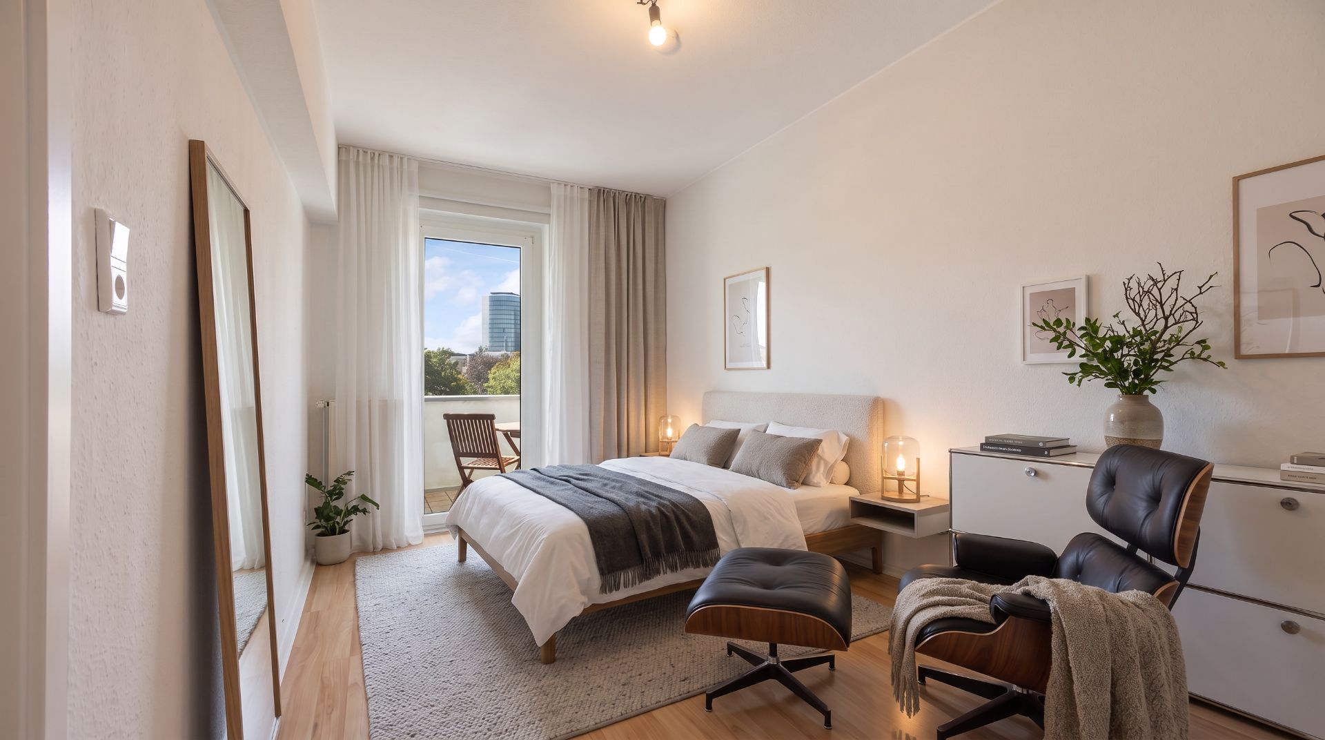 Modernes Schlafzimmer mit großem Bett, Sessel, Teppich und Fenster mit Blick nach draußen.