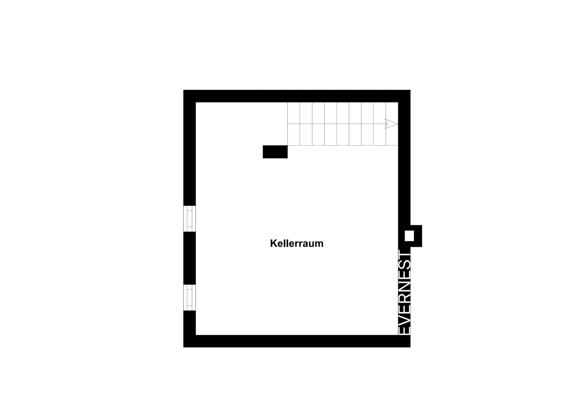 Grundriss eines Kellers mit Treppe und einem Kellerraum.