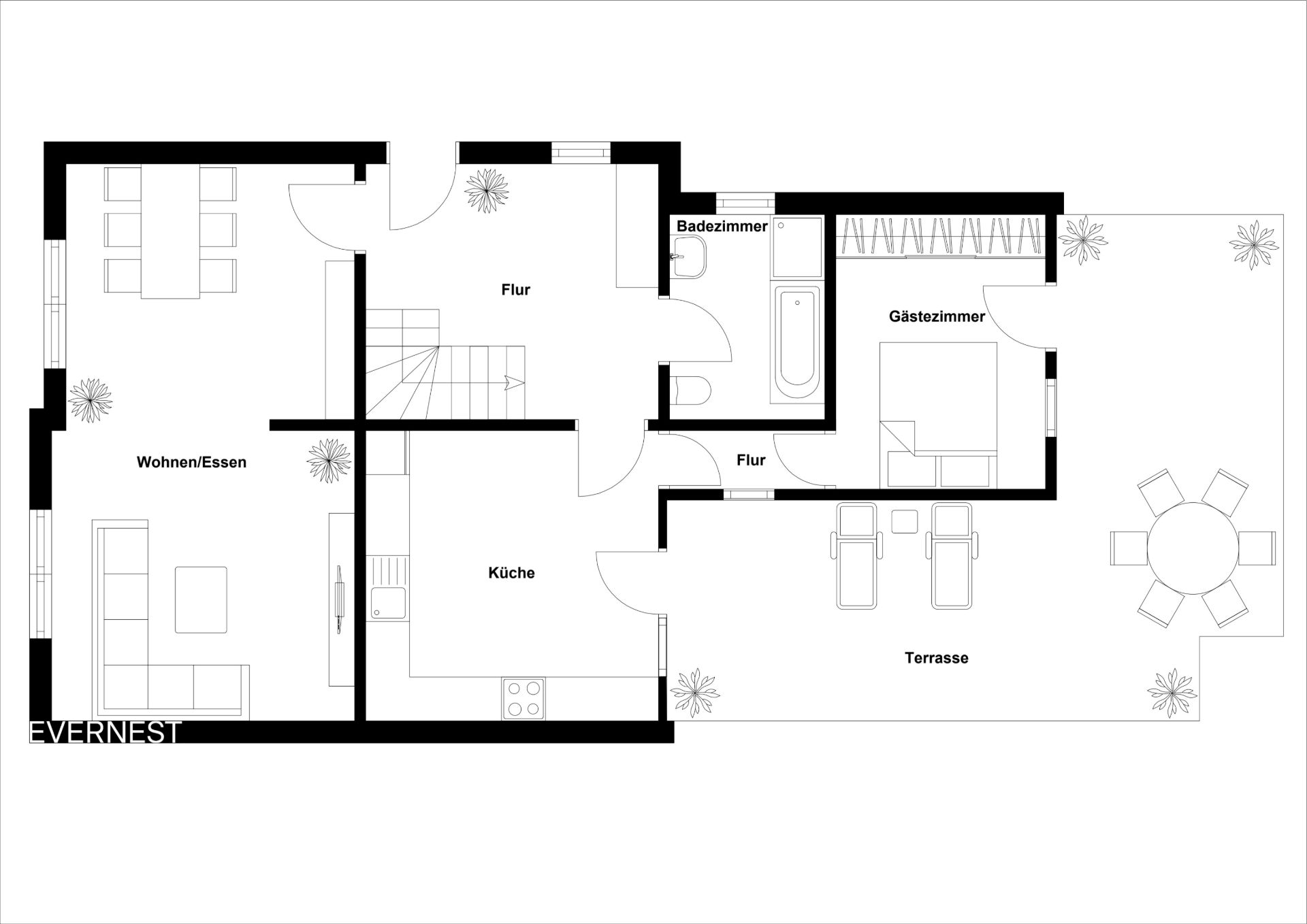 Grundriss mit Wohnzimmer, Küche, Gästezimmer, Badezimmer und Terrasse.