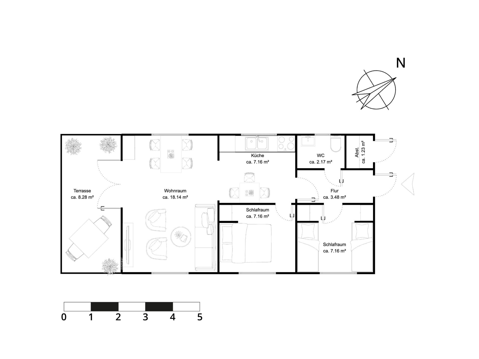 Grundriss einer Wohnung mit Wohnzimmer, Küche, Bad, Flur, zwei Schlafzimmern und Terrasse.