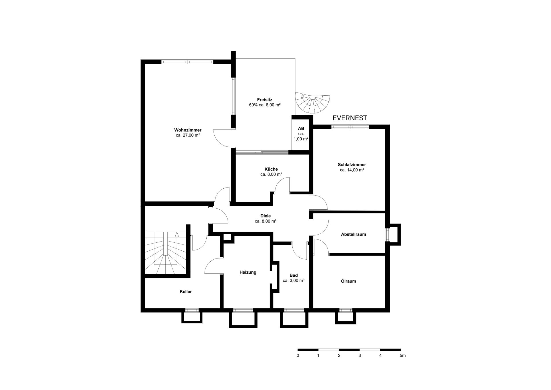 Grundriss mit Wohnzimmer, Schlafzimmer, Küche, Bad, Abstellraum, Heizraum, Keller und Freisitz.