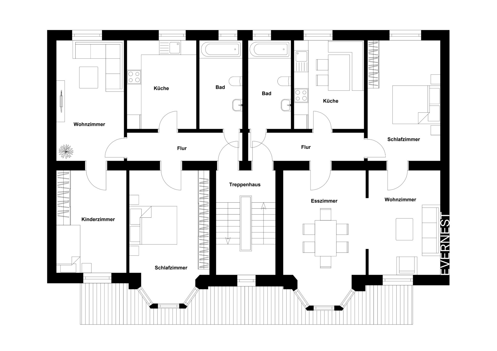 Grundriss einer Wohnung mit Schlafzimmern, Wohnzimmern, Küchen, Bädern und Esszimmer.