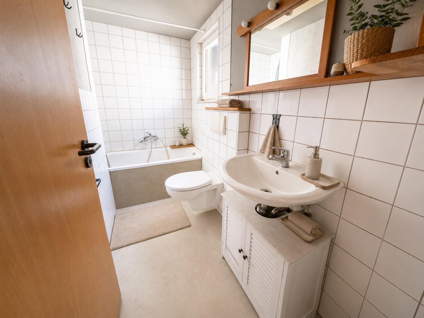 Helles Badezimmer mit Badewanne, Waschbecken, Toilette und weißen Fliesen.