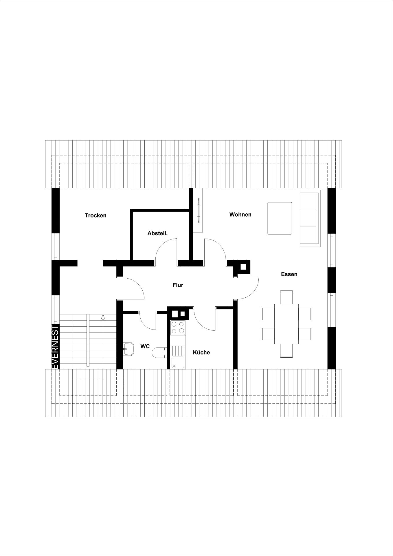 Grundriss mit Küche, WC, Abstellraum, Flur, Wohn- und Essbereich sowie Trockenzimmer.