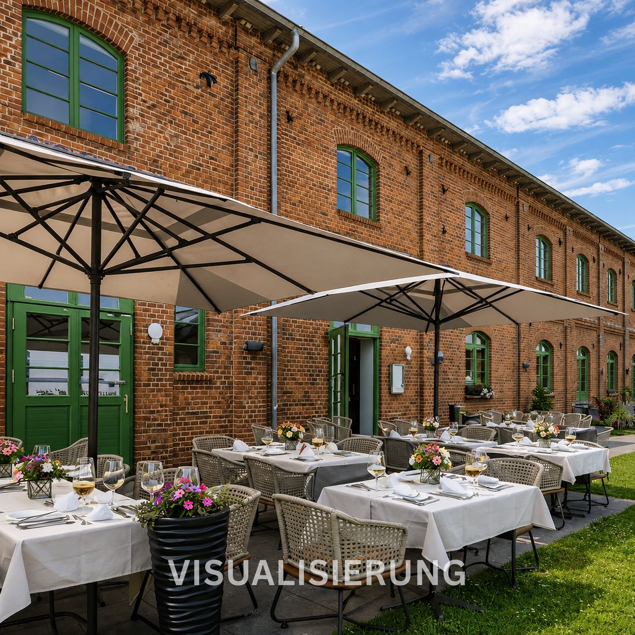 Gedeckte Tische mit Blumen und Sonnenschirmen vor einem Backsteingebäude mit grünen Fenstern.