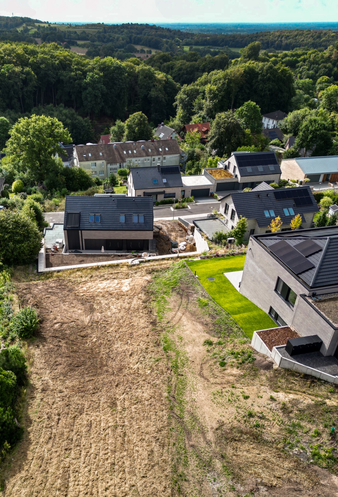 Luftaufnahme von modernen Wohnhäusern mit Gärten und angrenzender Wiese am Waldrand.