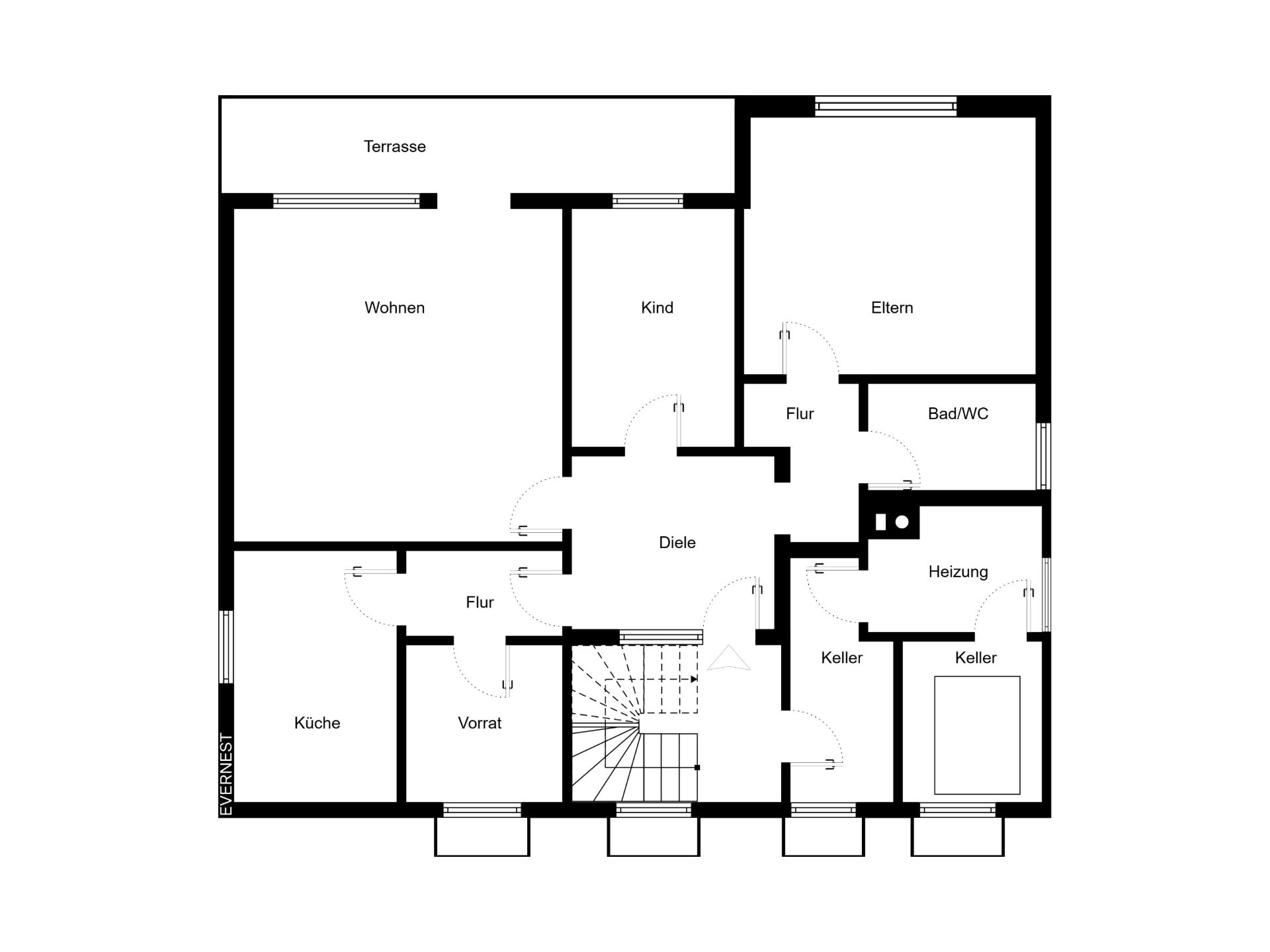 Grundriss eines Hauses mit Küche, Wohnzimmer, Schlafzimmer, Kinderzimmer und Terrasse.