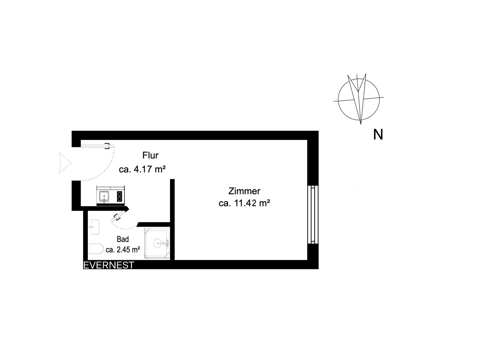 Grundriss einer Wohnung mit Flur, Bad, Küche und Zimmer, Flächenangaben sind eingezeichnet.
