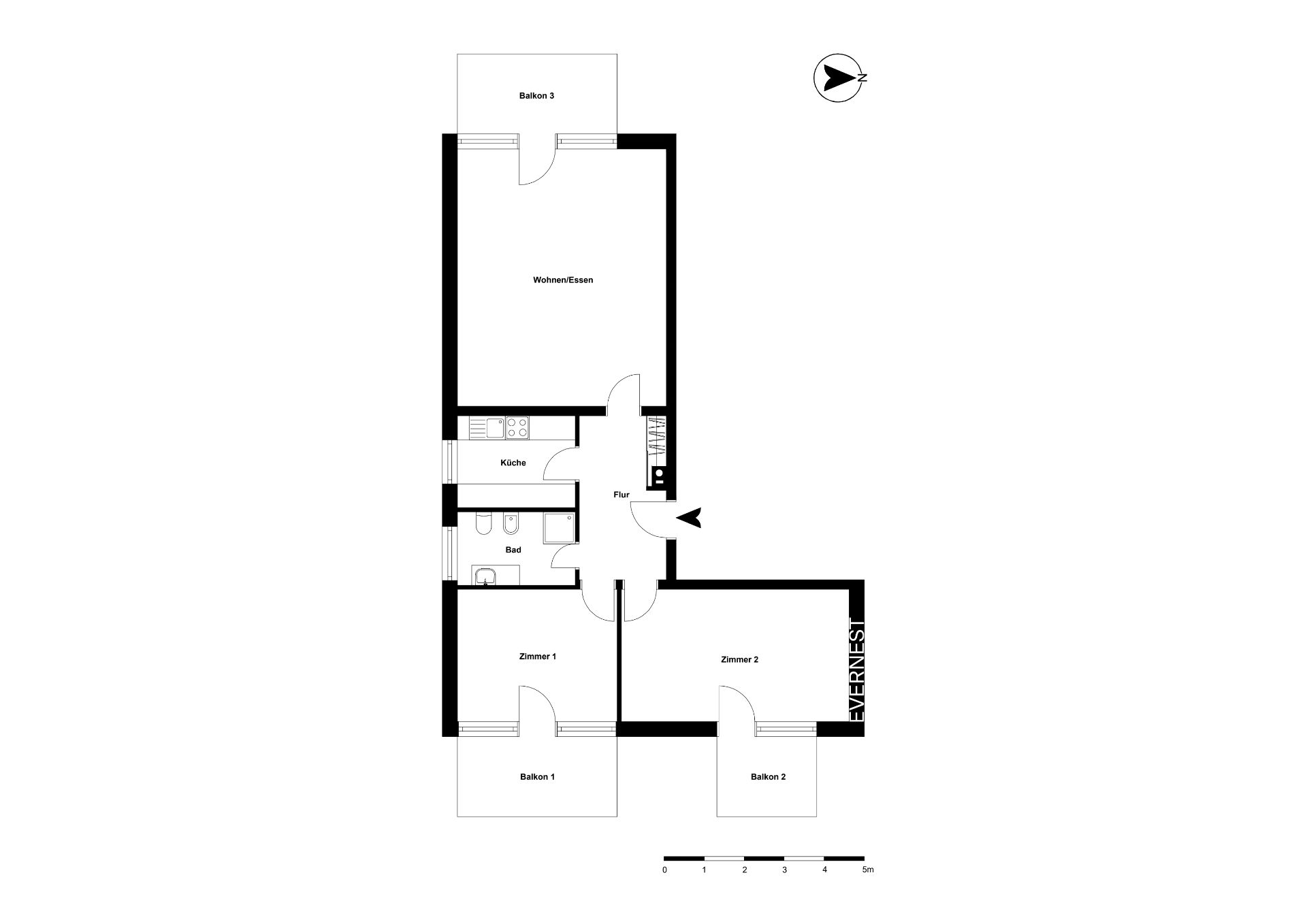 Grundriss einer Wohnung mit drei Balkonen, zwei Zimmern, Küche, Bad und Wohnbereich.