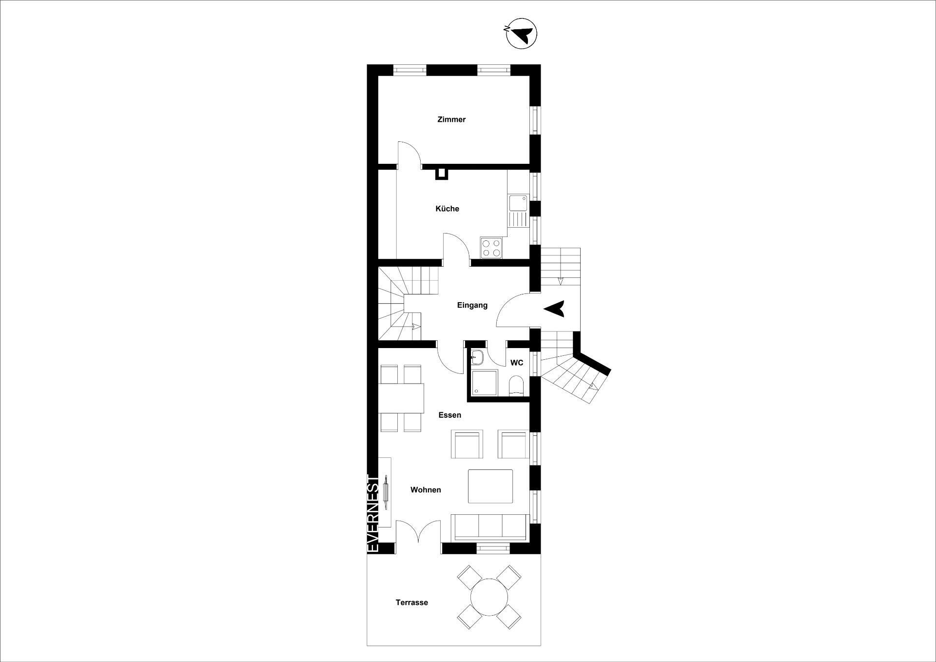 Grundriss mit Zimmer, Küche, WC, Essen, Wohnen und Terrasse im Erdgeschoss.