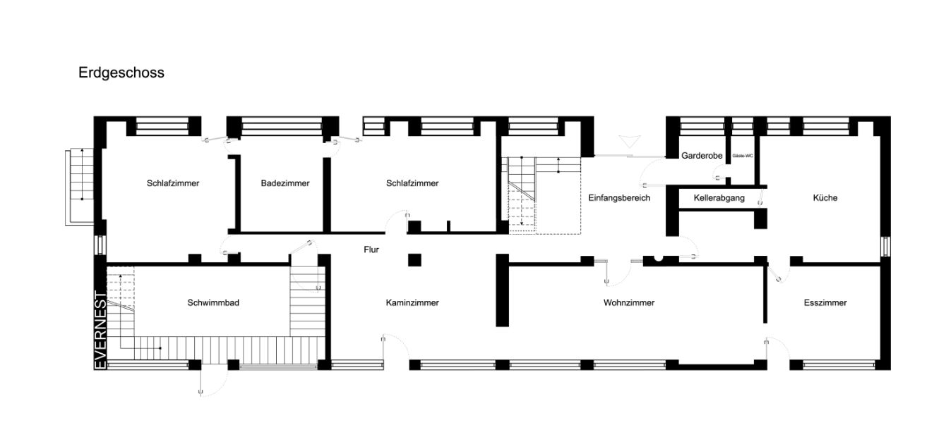 Grundriss des Erdgeschosses mit Schlafzimmern, Wohnzimmer, Küche, Esszimmer und Schwimmbad.
