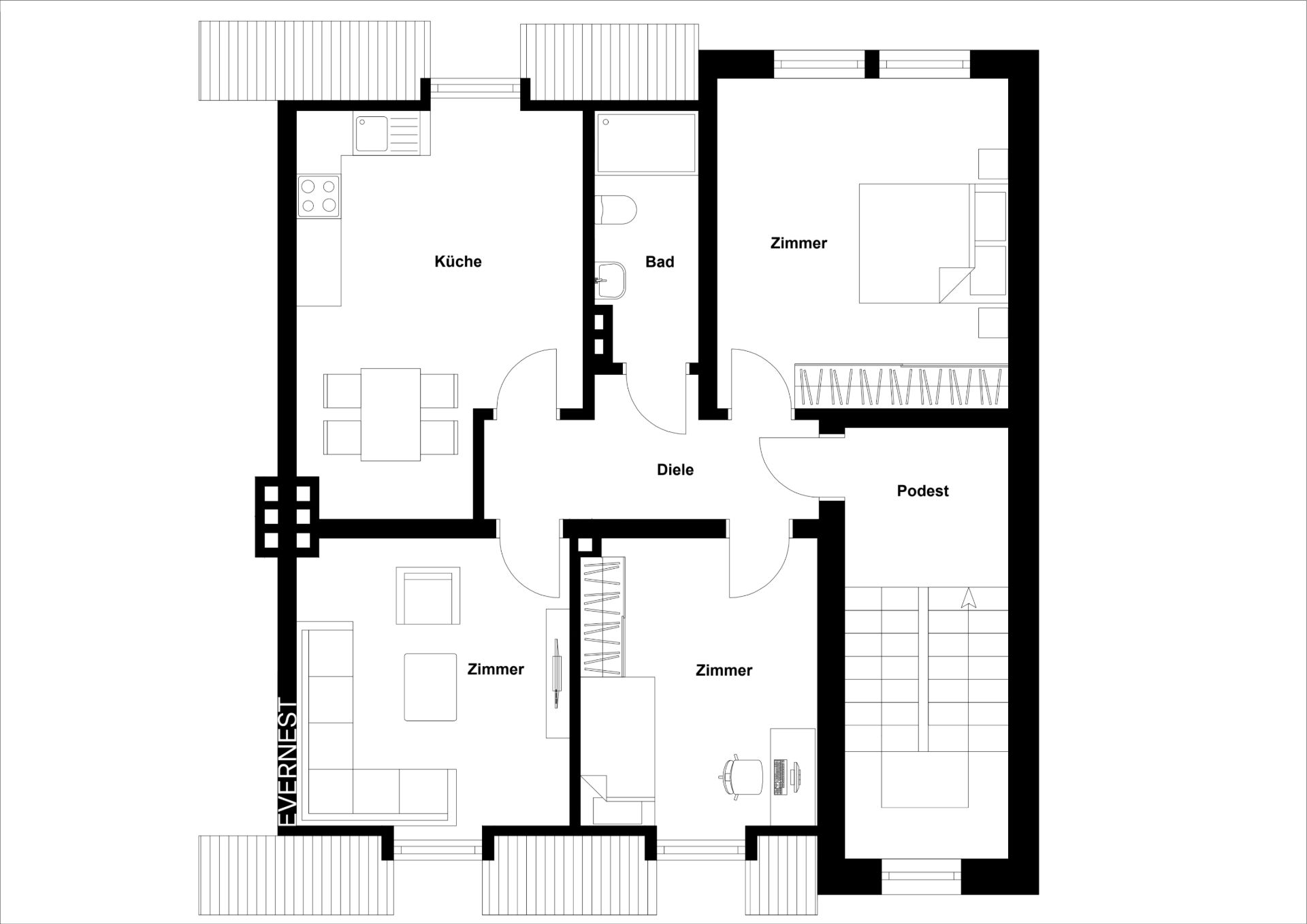 Grundriss mit Küche, Bad, Diele, Podest und drei Zimmern.