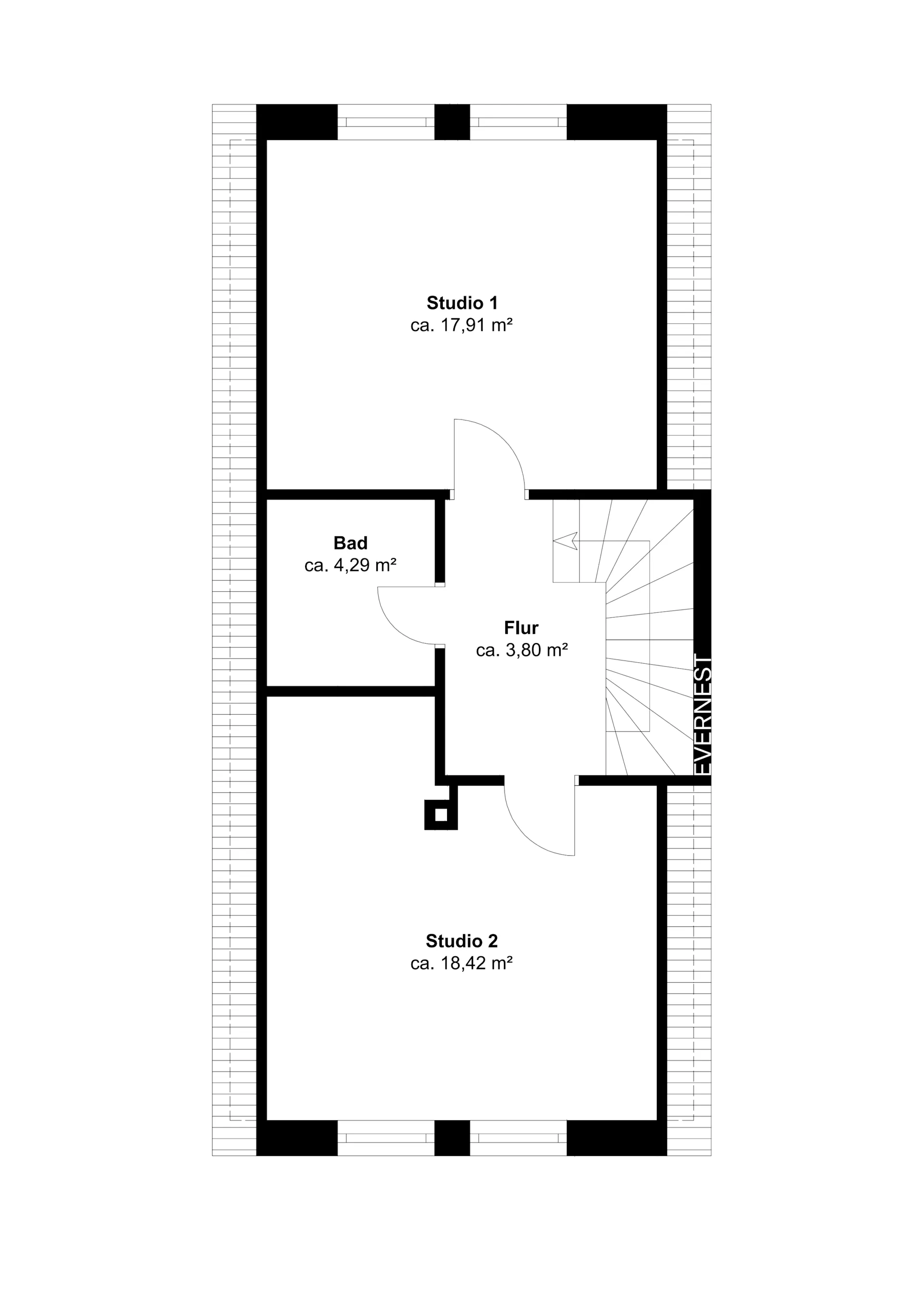 Grundriss mit zwei Studios, Badezimmer und Flur, sowie Treppe auf der rechten Seite.