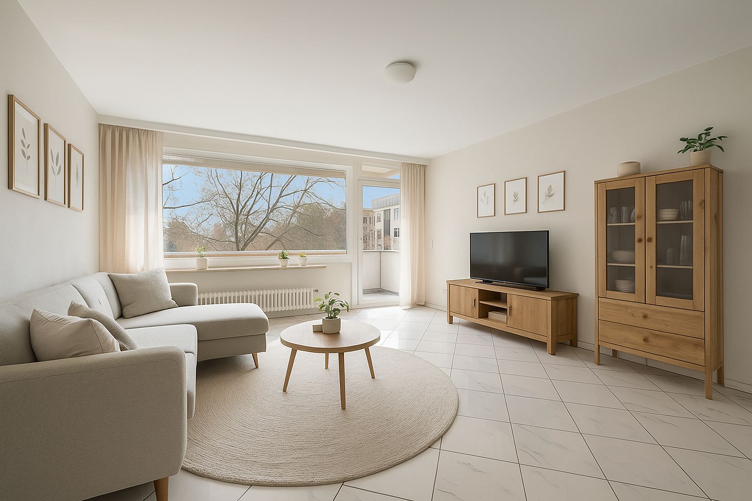 Helles Wohnzimmer mit Sofa, Couchtisch, TV, Holzschrank und großem Fenster.