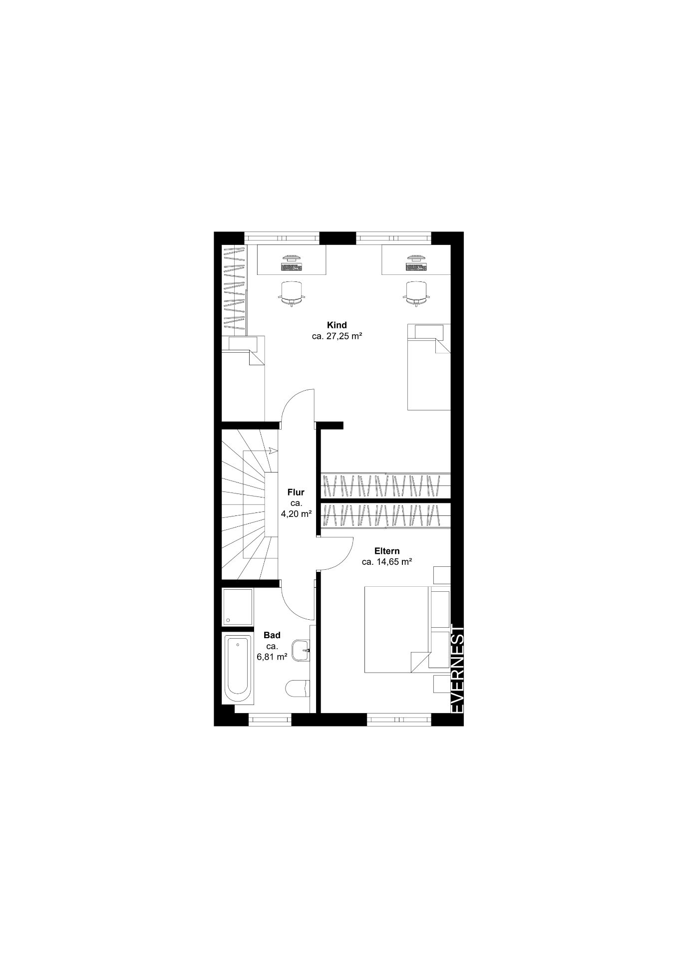 Grundriss einer Etage mit Kinderzimmer, Elternschlafzimmer, Flur und Badezimmer.