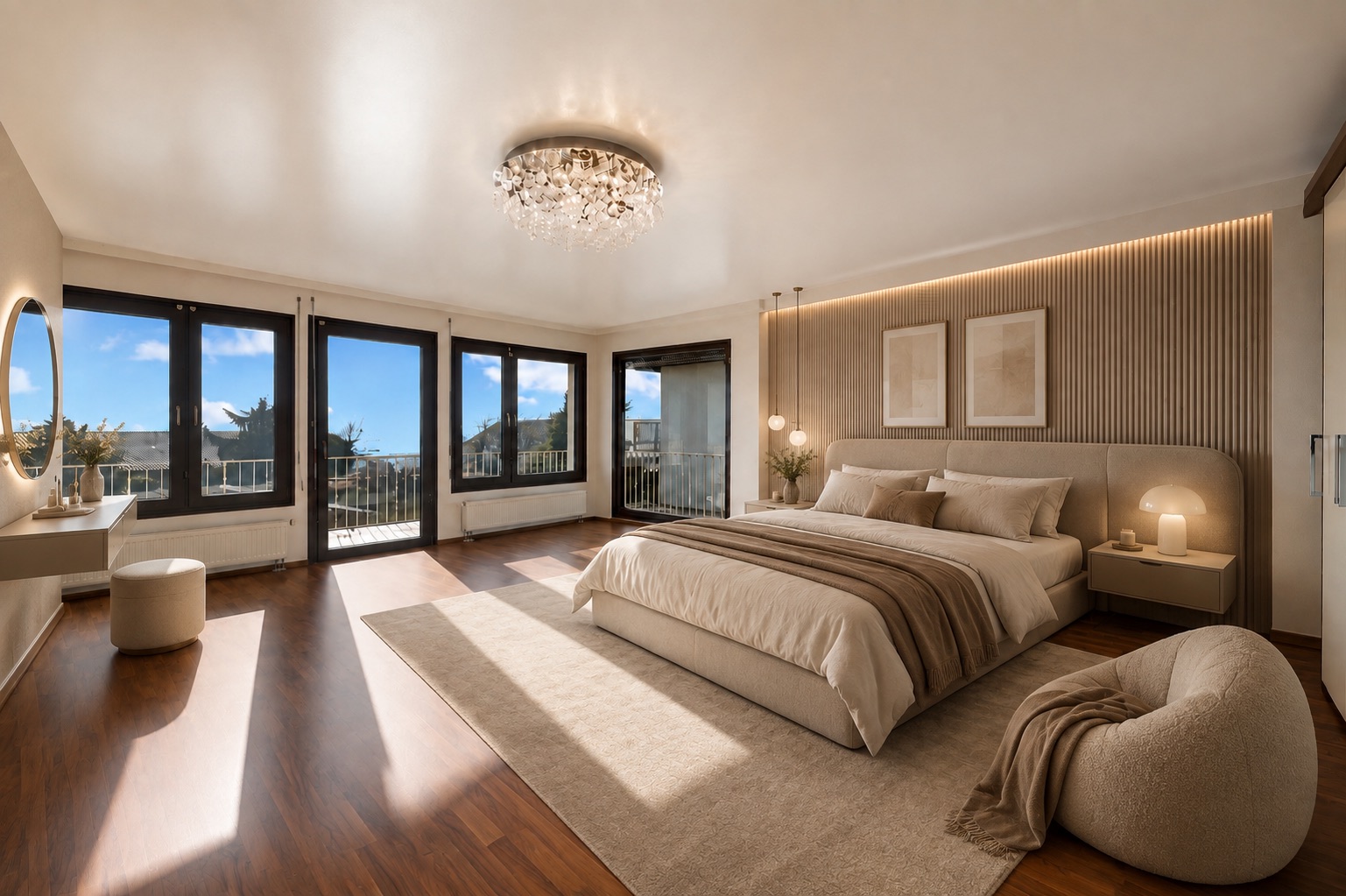 Modernes Schlafzimmer mit großem Bett, Teppich, Sessel und Fenstern mit Blick nach draußen.