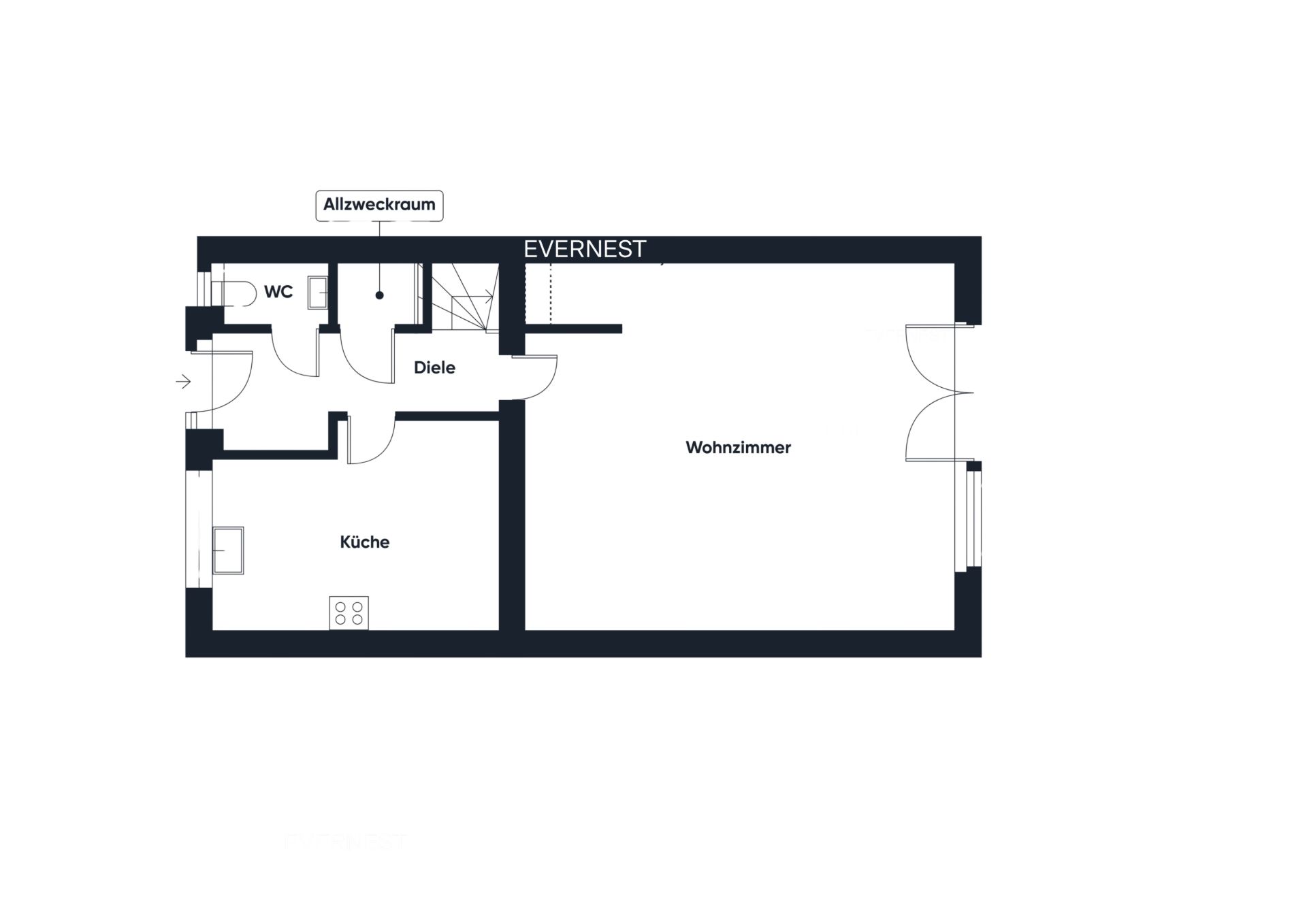 Grundriss zeigt Wohnzimmer, Küche, WC, Diele und Allzweckraum.