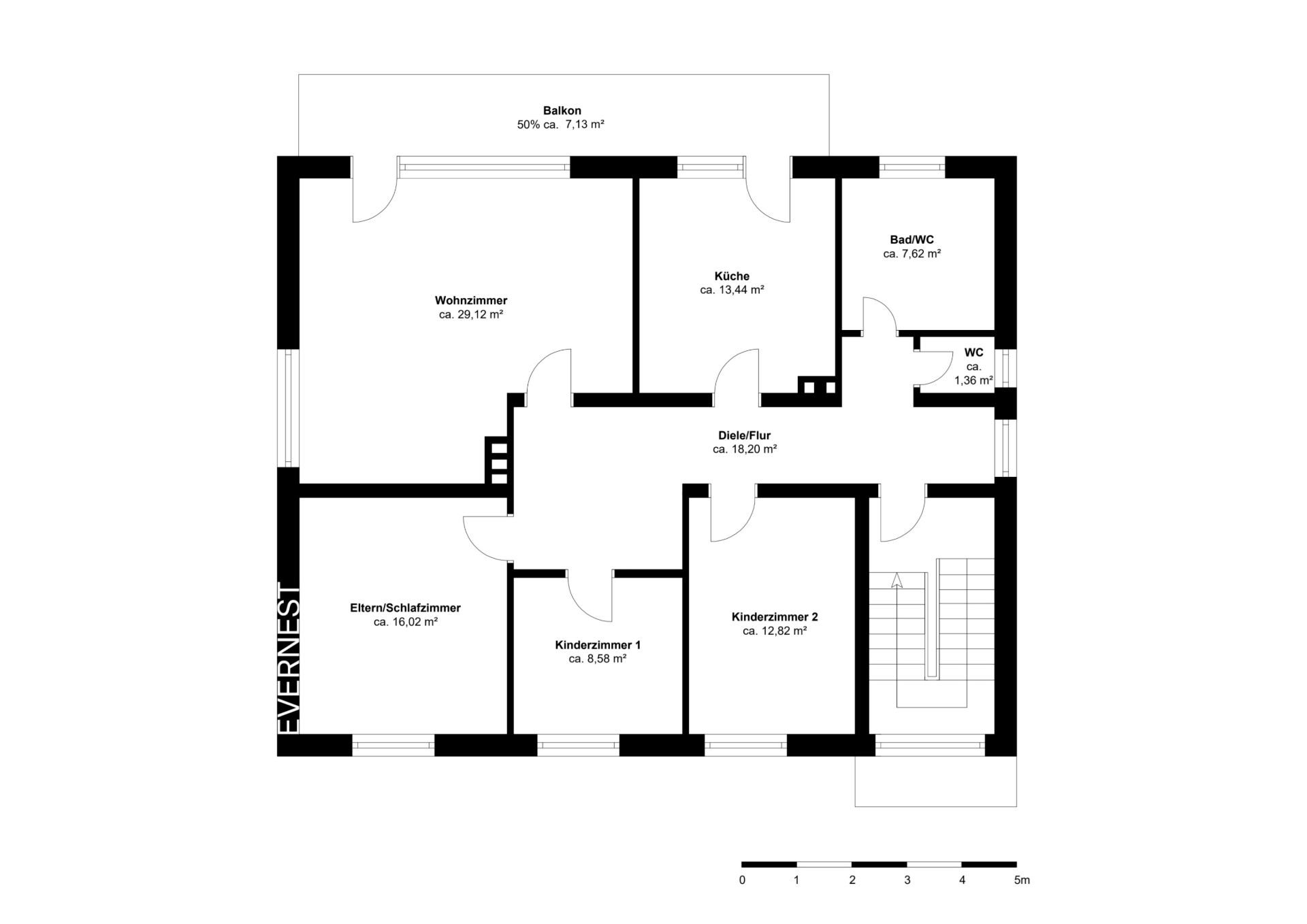 Grundriss einer Wohnung mit Wohnzimmer, Schlafzimmer, zwei Kinderzimmern, Küche, Bad, WC und Balkon.