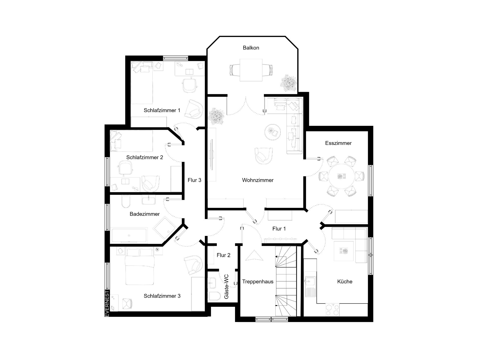 Grundriss einer Wohnung mit drei Schlafzimmern, Wohnzimmer, Küche, Esszimmer, Bad, Balkon und Fluren.