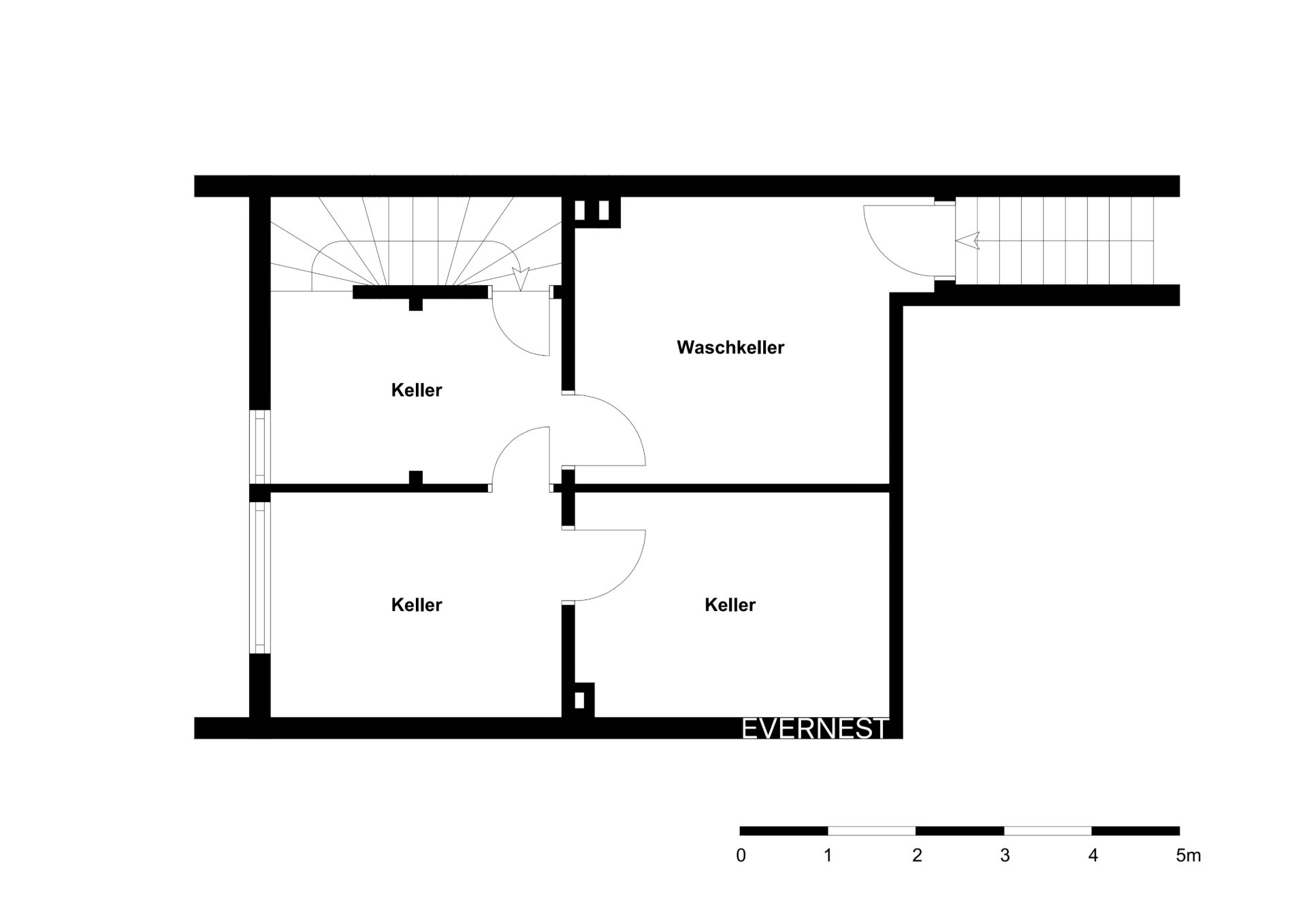 Grundriss mit vier Kellerräumen und einem Waschraum, Treppenhaus sichtbar.