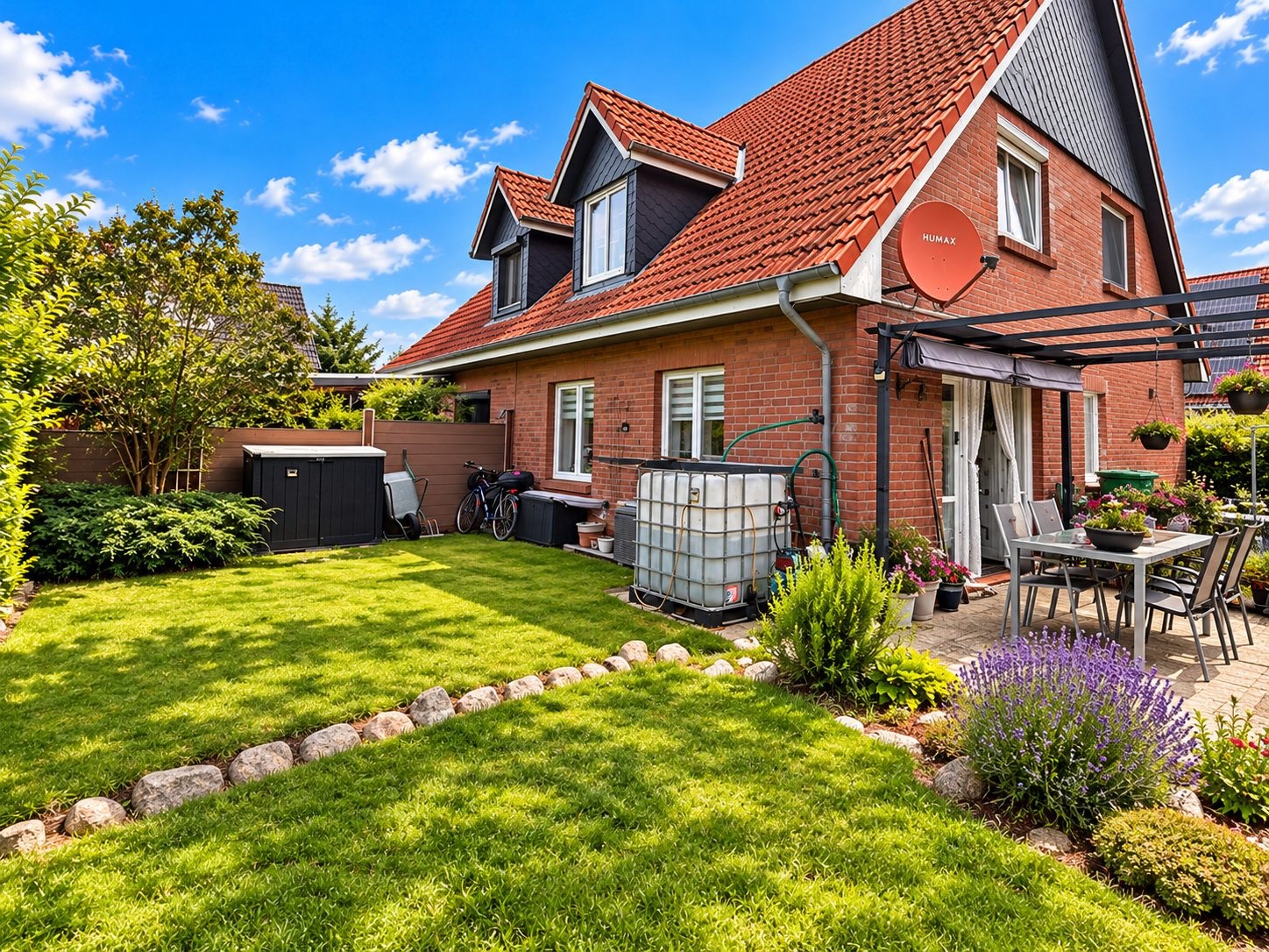 Backsteinwohnhaus mit rotem Dach, gepflegtem Garten und Terrasse mit Gartenmöbeln.