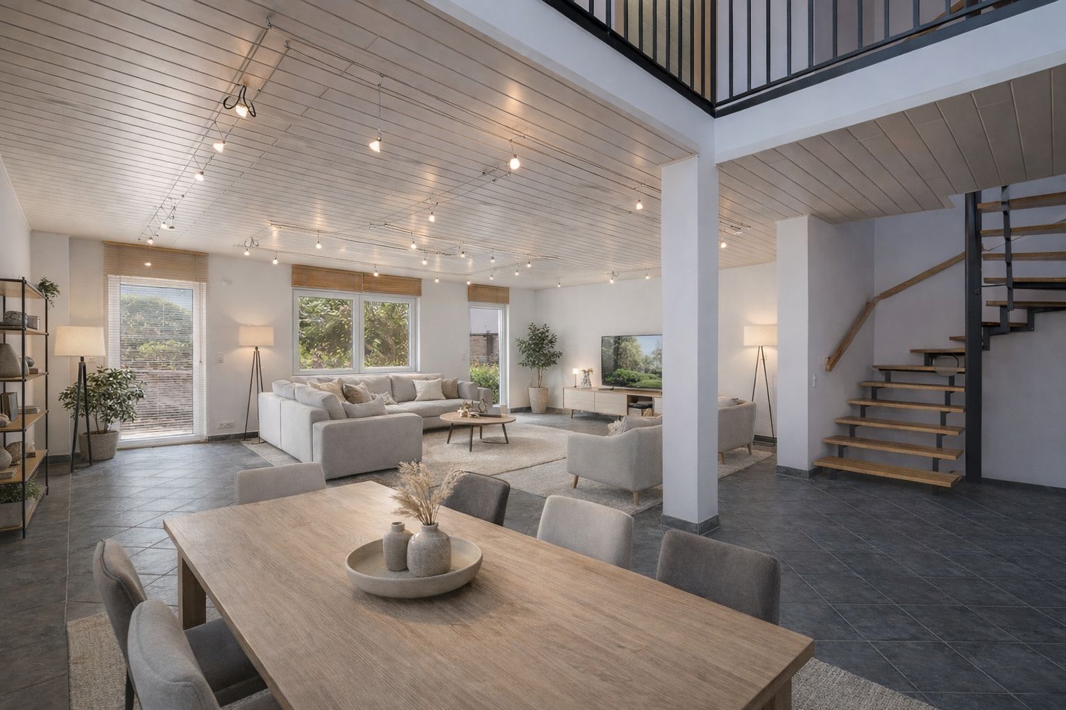 Modernes Wohnzimmer mit großem Sofa, Esstisch, großen Fenstern und Treppe ins Obergeschoss.