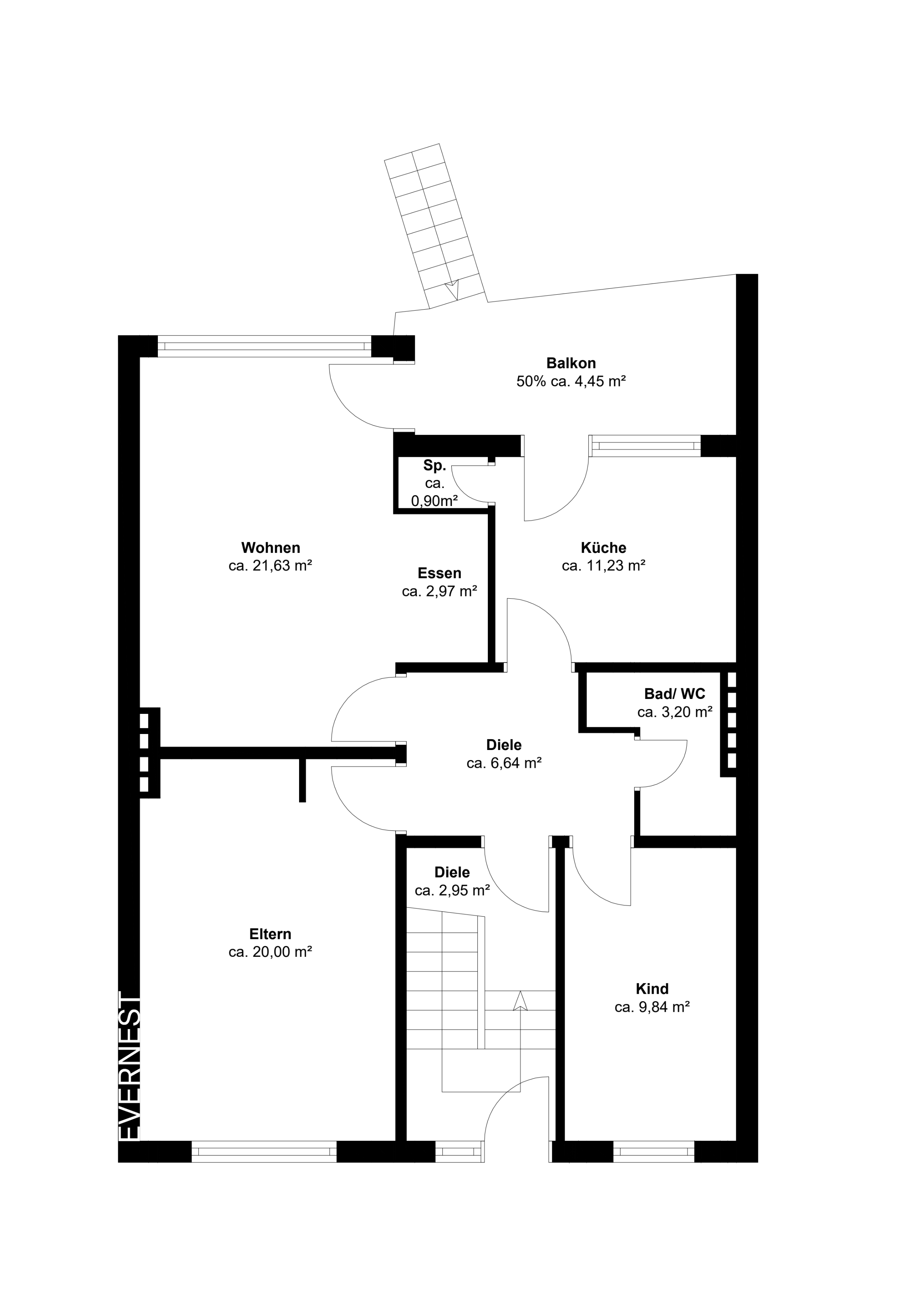 Grundriss einer Wohnung mit Wohnzimmer, Schlafzimmer, Kinderzimmer, Küche, Bad, Balkon und Flur.