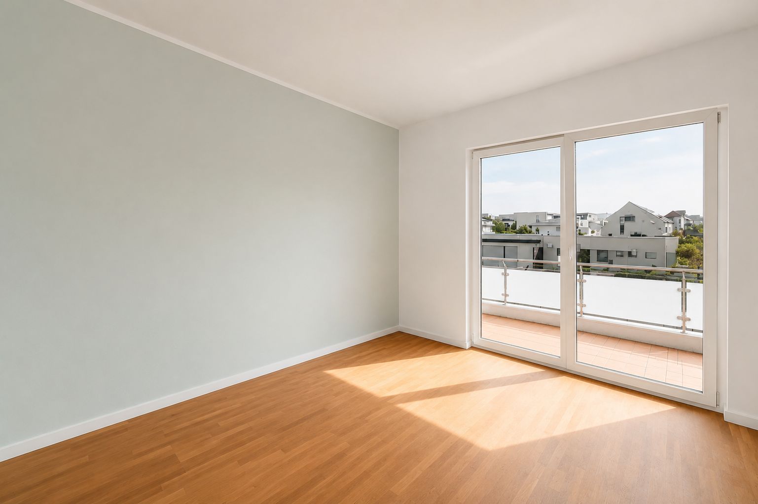 Leerer, heller Raum mit Holzfußboden und großer Glas-Schiebetür zu einem Balkon.