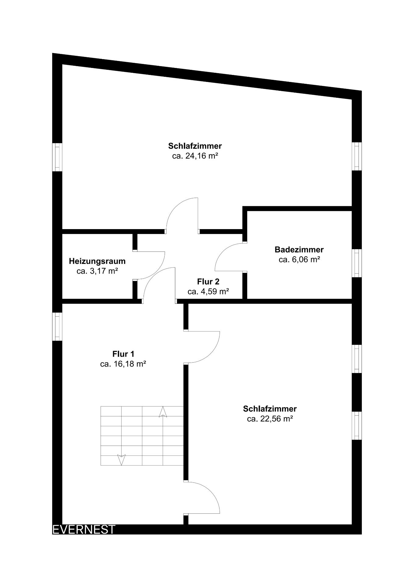 Grundriss mit zwei Schlafzimmern, Badezimmer, Heizungsraum und zwei Fluren.
