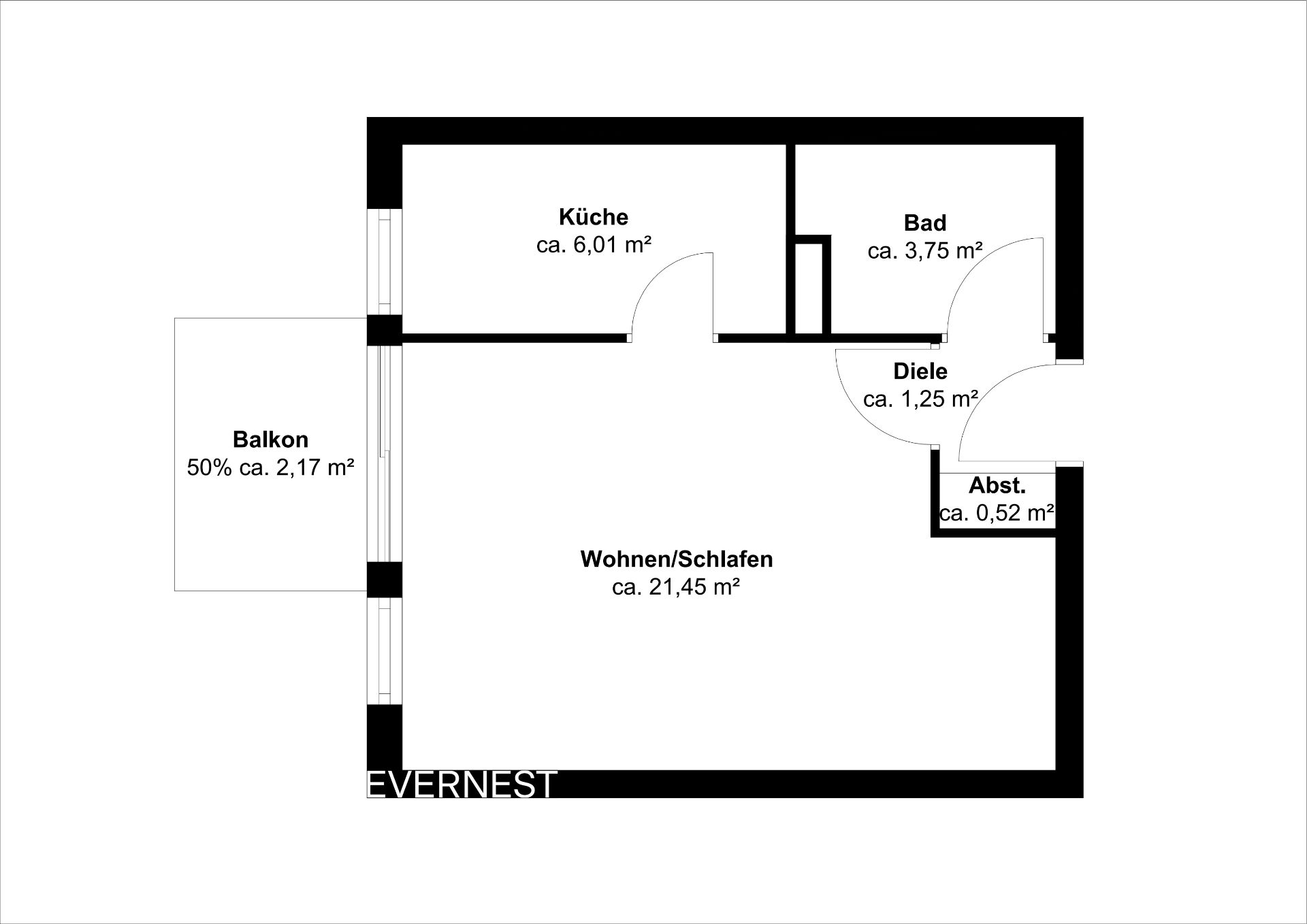 Grundriss einer Wohnung mit Küche, Bad, Wohn-/Schlafraum, Diele, Abstellraum und Balkon.
