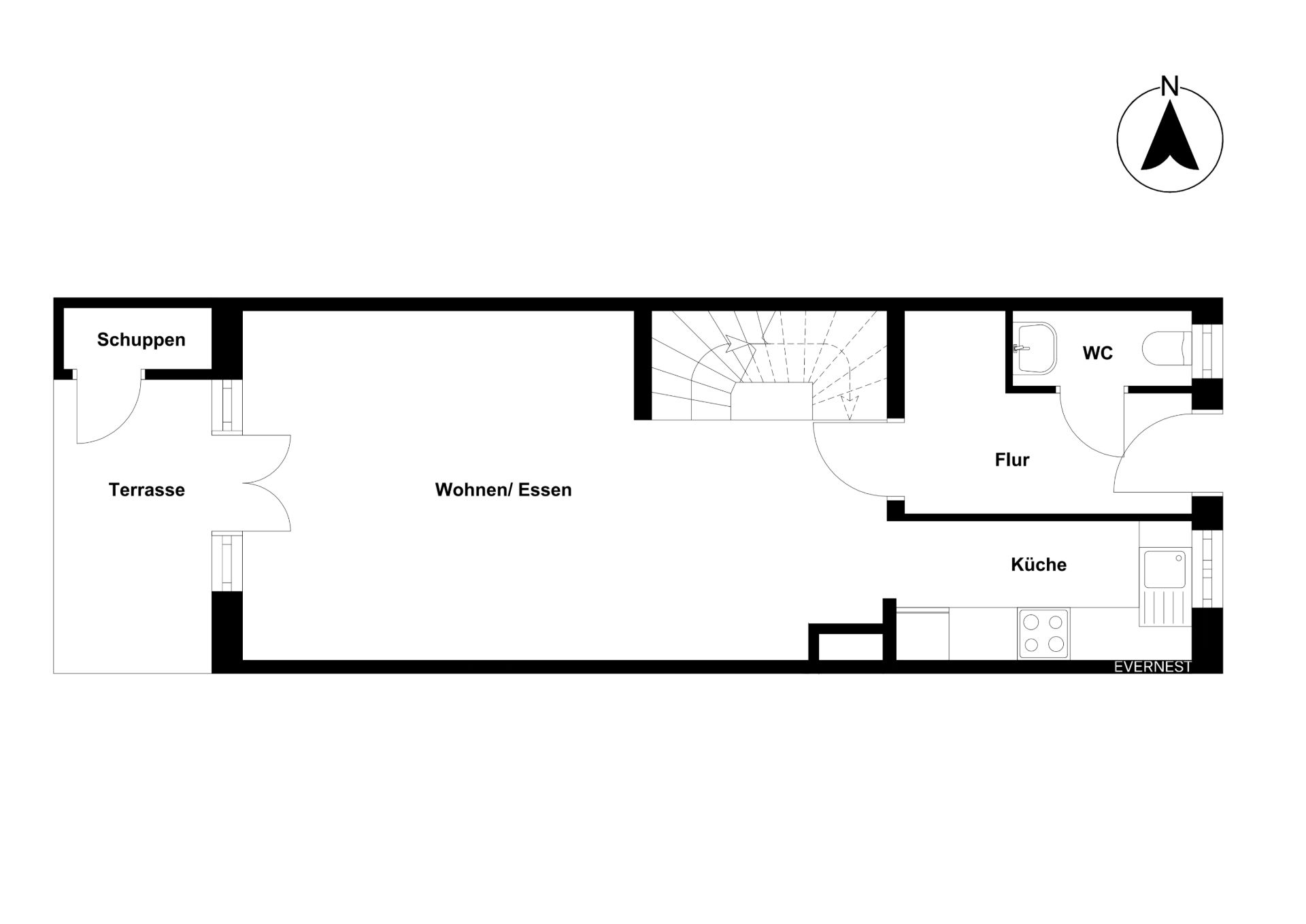 Grundriss eines Erdgeschosses mit Terrasse, Schuppen, Wohnzimmer, Küche, Flur und WC.