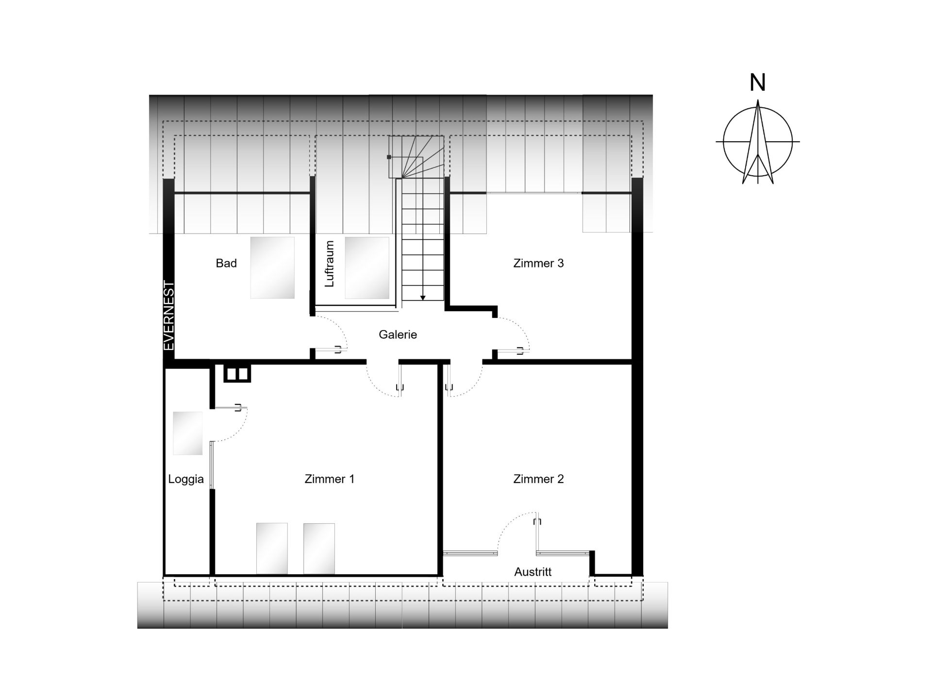 Grundriss mit drei Zimmern, Bad, Galerie, Loggia und Austritt, Treppe in der Mitte.