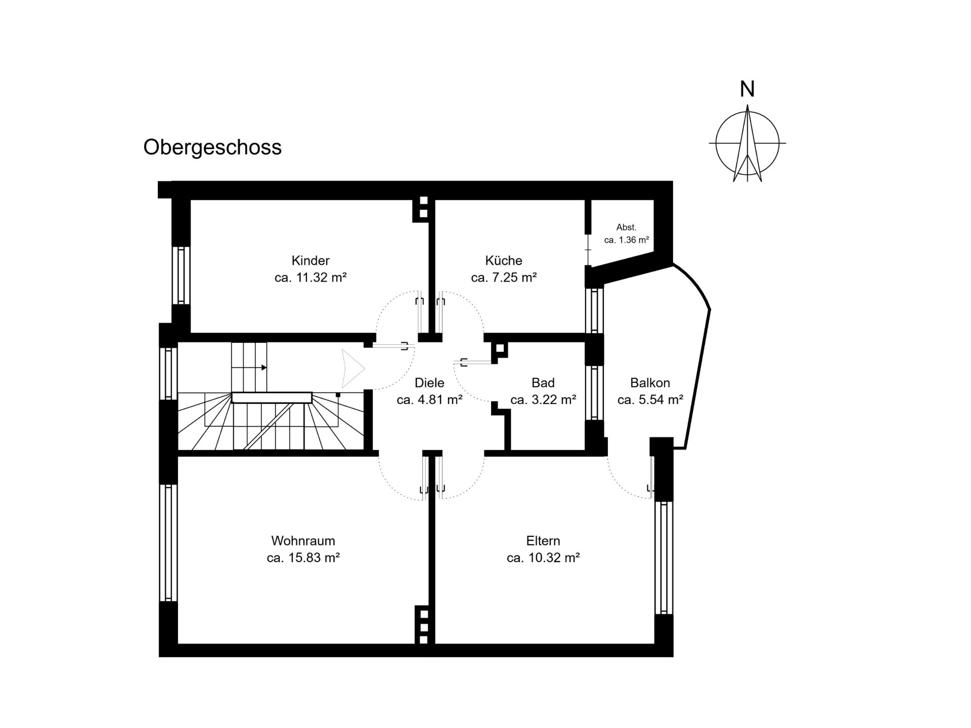 Grundriss des Obergeschosses mit Kinderzimmer, Küche, Bad, Wohnraum, Elternzimmer und Balkon.