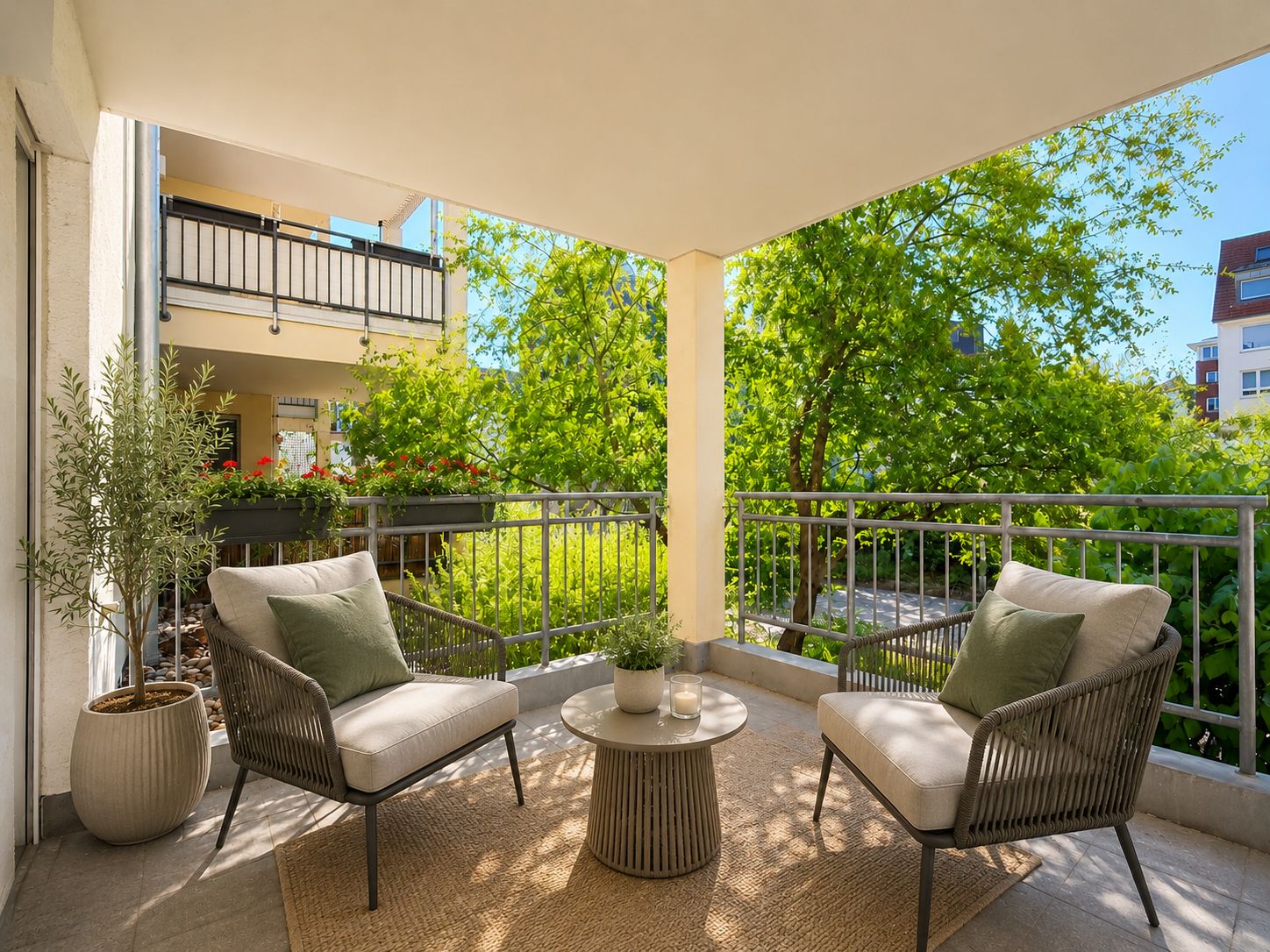 Überdachter Balkon mit zwei Sesseln, kleinem Tisch, Pflanzentopf und Blick auf grüne Bäume.