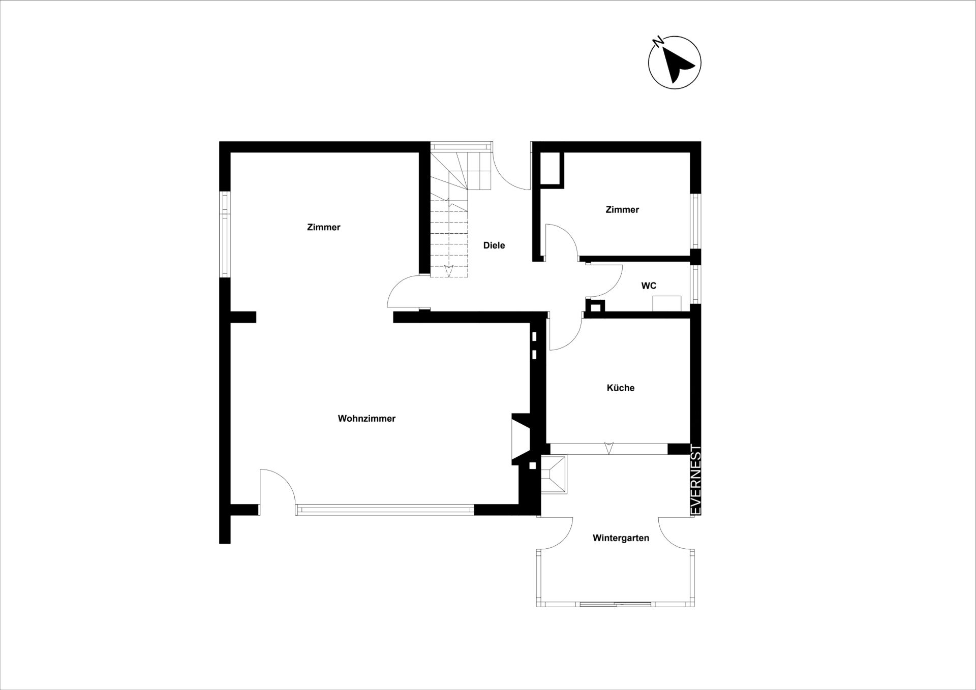 Grundriss mit Wohnzimmer, zwei Zimmern, Küche, WC, Wintergarten und Diele.