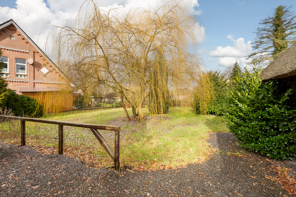 Garten mit Kiesweg, großem Baum und Backsteinhaus links im Hintergrund.
