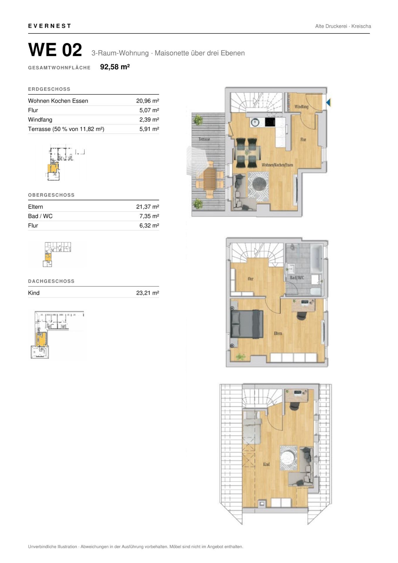 Grundriss einer dreistöckigen Wohnung mit Terrasse, Wohnzimmer, Schlafzimmer, Bad und Kinderzimmer.