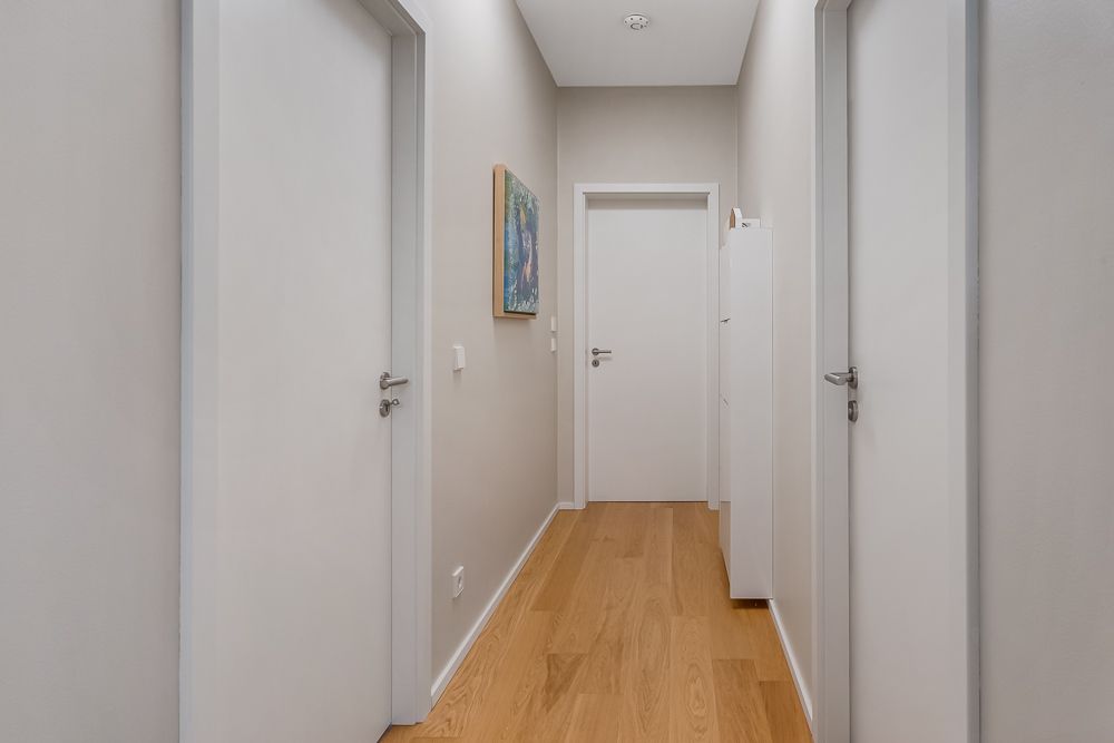 Heller Flur mit Holzboden, drei weißen Türen und einem Bild an der Wand.