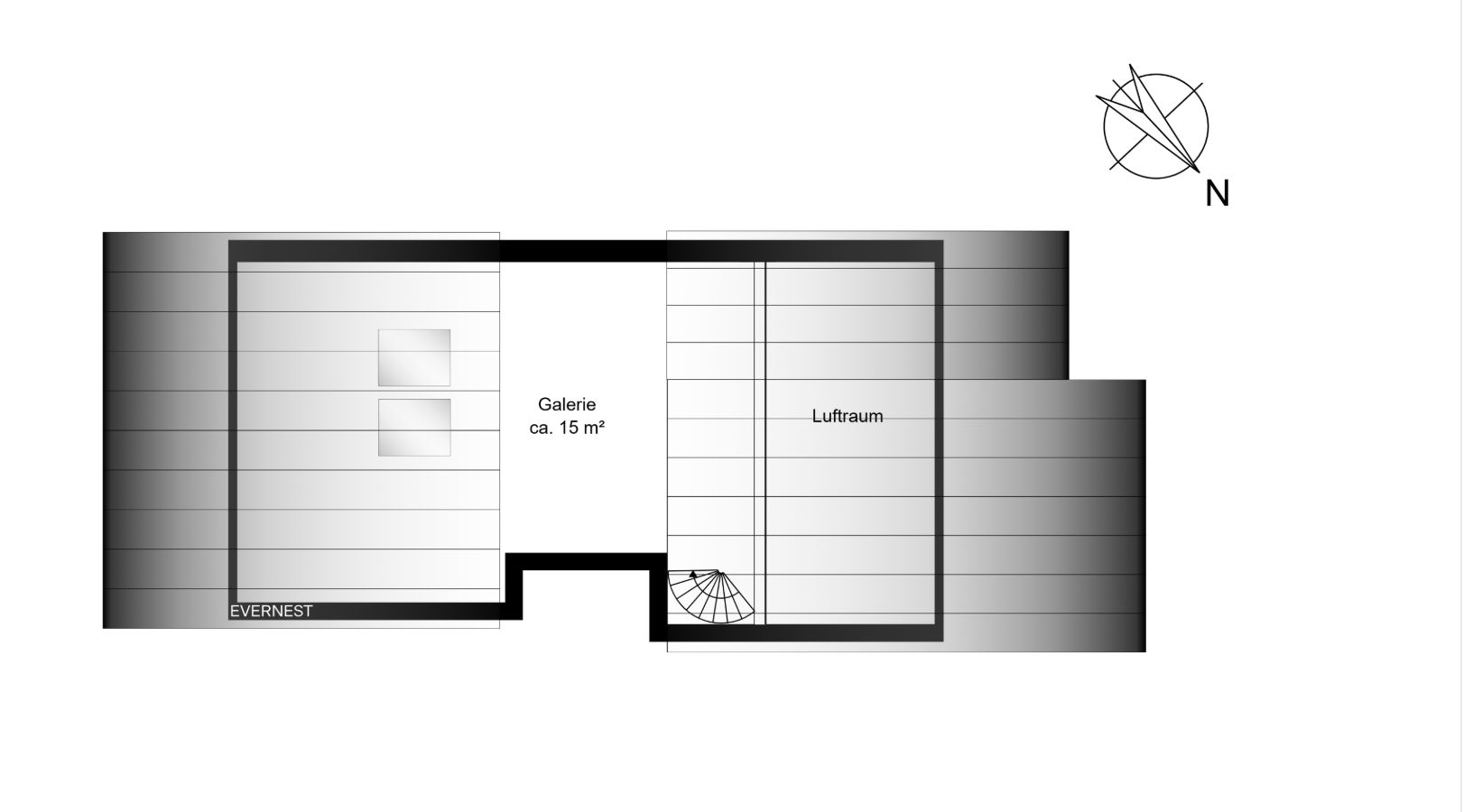 Grundriss eines Obergeschosses mit Galerie und Luftraum, Treppe in der Mitte, Kompassrose oben rechts.