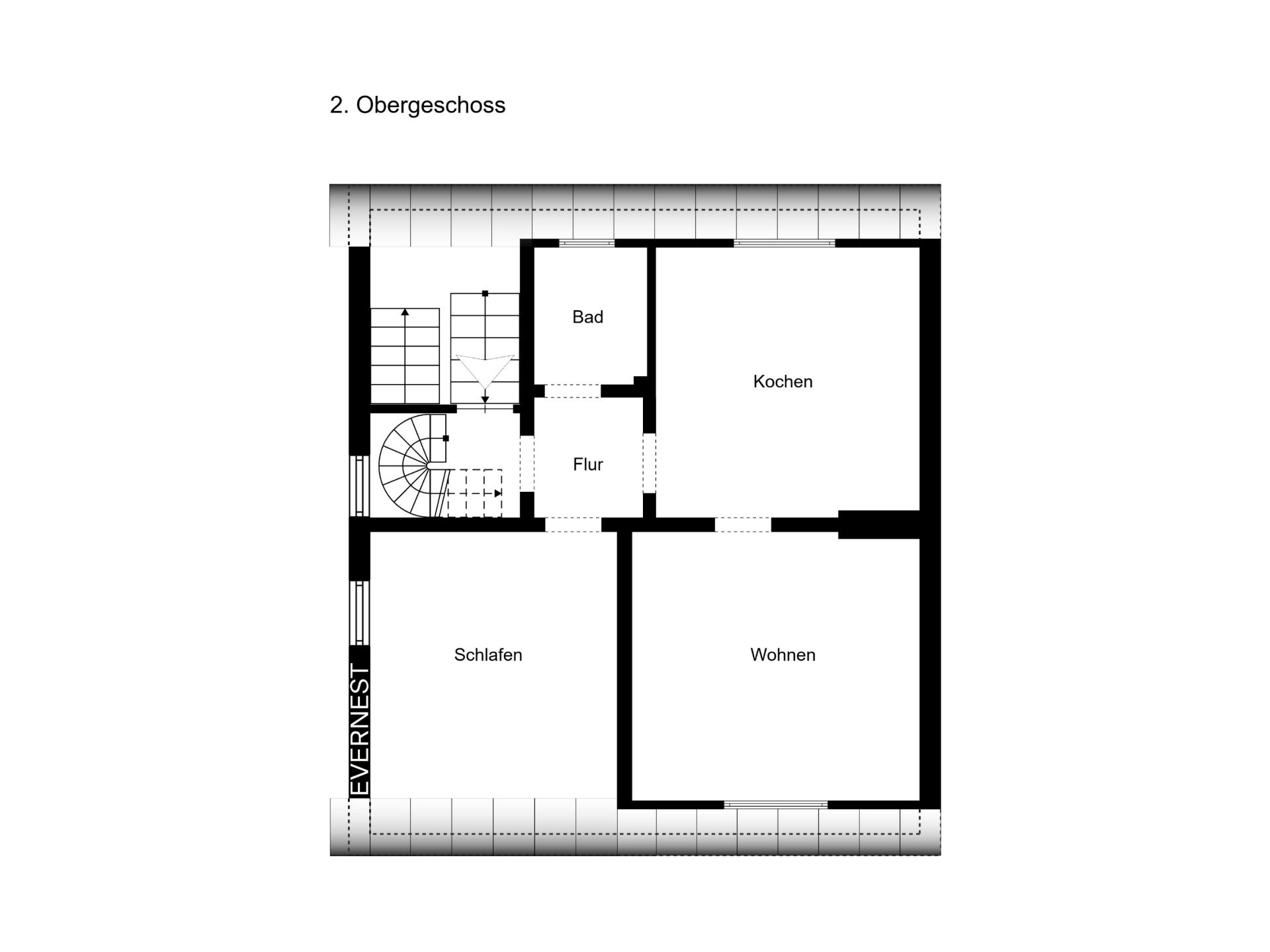 Grundriss des zweiten Obergeschosses mit Bad, Küche, Schlafzimmer, Wohnzimmer und Flur.